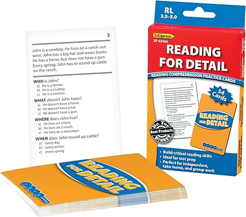 Edupress Tarjetas de práctica de lectura para detalles, niveles 3.5-5.0, azul