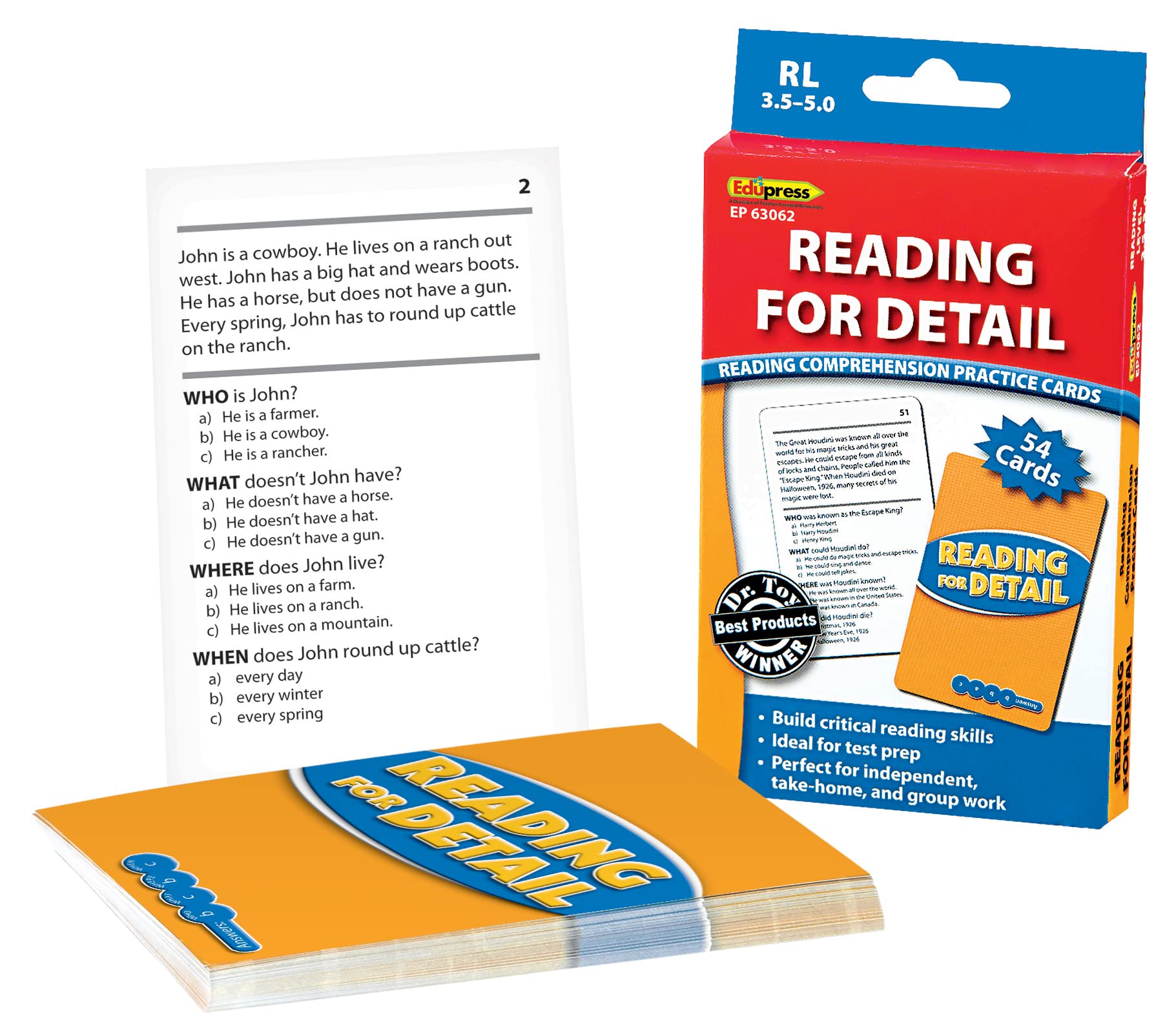 Edupress Reading for Detail Practice Cards, Levels 3.5-5.0,Blue