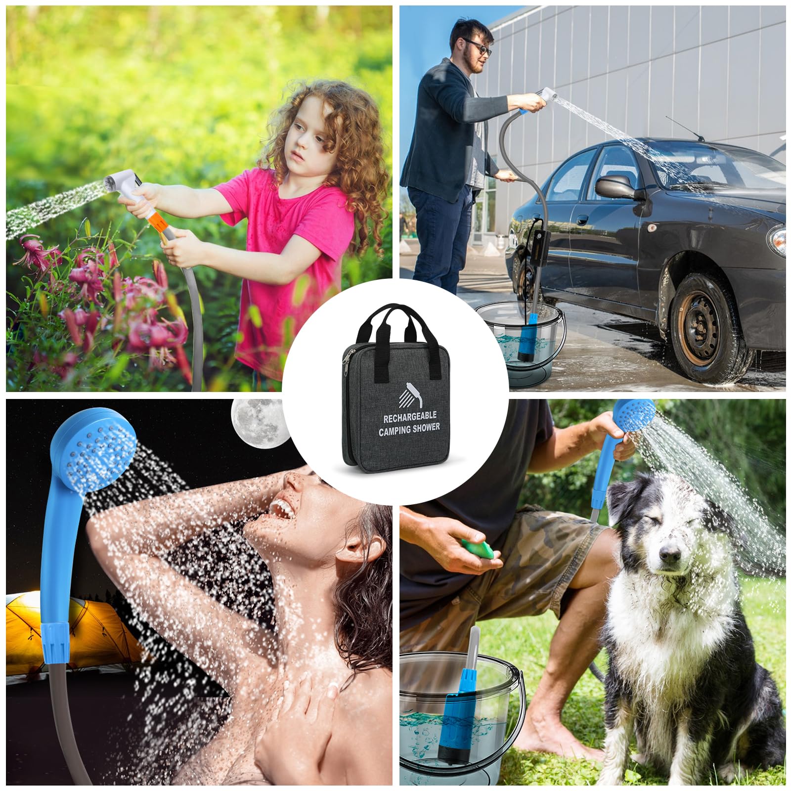 Doccia da Campeggio Portatile,con Luce a LED,Borsa Portatile,Ricarica USB,Pompa Doccia elettrica, Due Teste Doccia, Adatto per Escursioni/Campeggio, Spiaggia, Animali Domestici, all'aperto