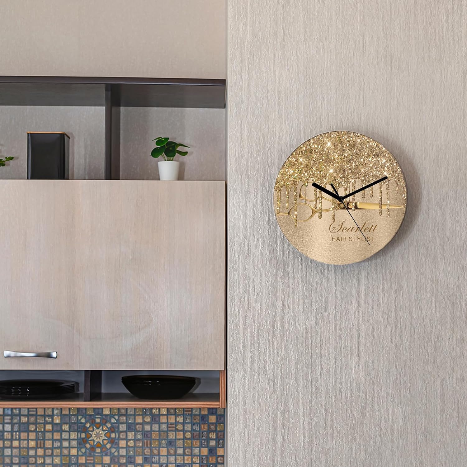Bling Prints 11.6 Inch Silent Non-Ticking Hair Stylist Rose Gold Wall Clock Round Battery Operated Indoor Decorative Wall Clocks for Living Room Bedroom Office, Custom Clock Gift