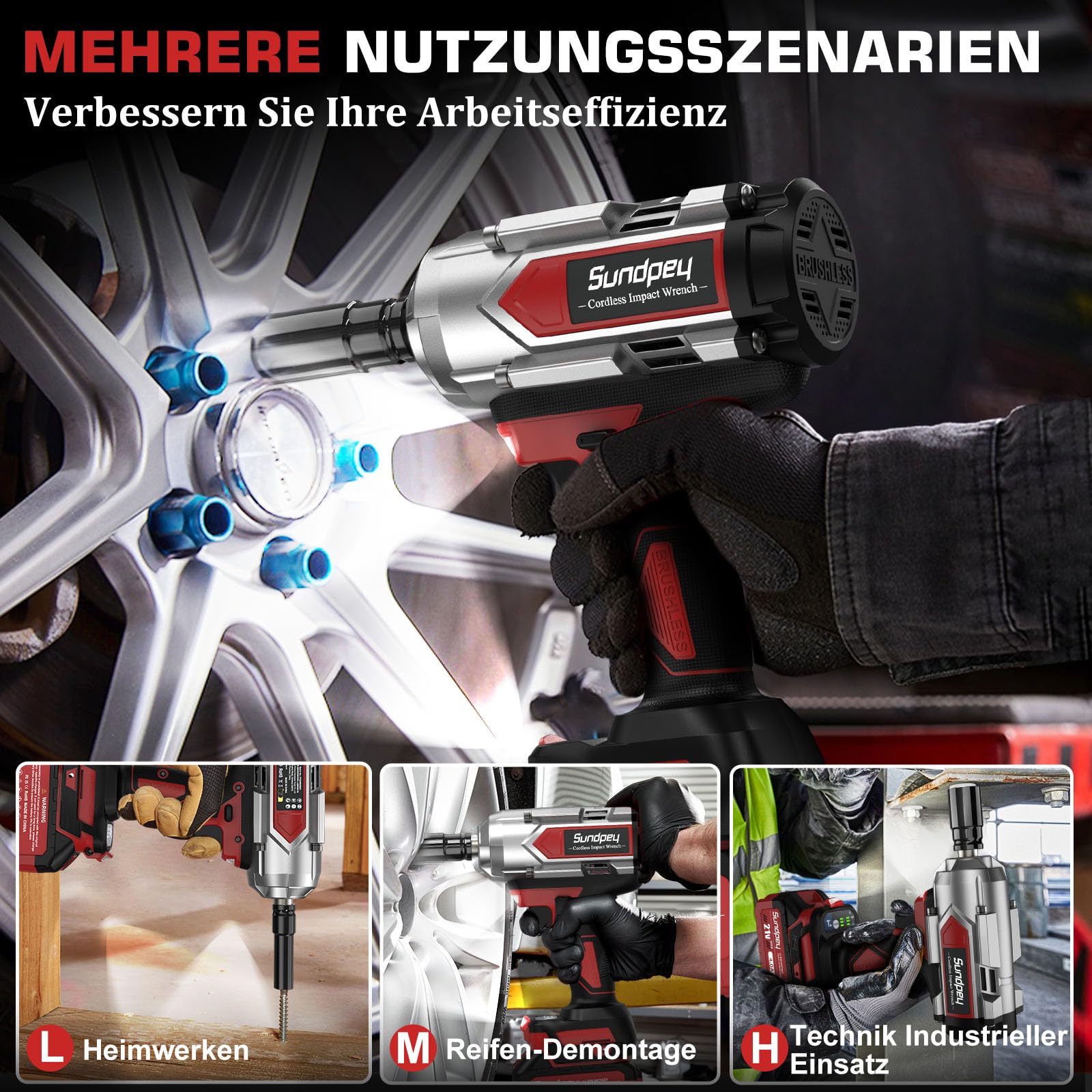 Sundpey Avvitatore ad Impulsi a Batteria 1200 Nm, Avvitatore ad Impulsi 1/2" con 2 Batterie 4.0Ah, 6 Bussoli per Avvitare e Svitare, Avvitatore a Percussione per Auto/Cantiere/Camion