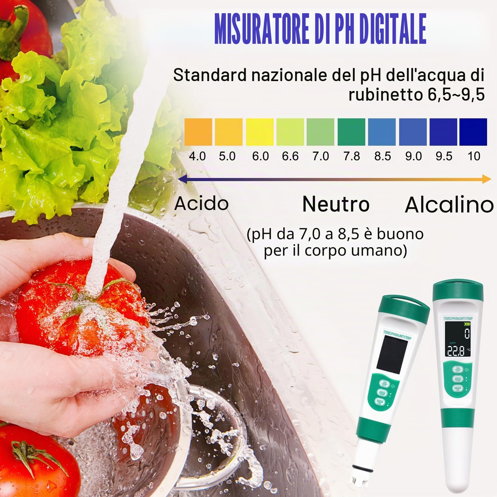 OBEST Misuratore Acqua pH, pH/TDS/EC/Sale/Temp Tester Acqua Digitale 5 in 1 | Tester Digitale Portatile Qualità Acqua Tipo-C Ricaricabile con Funzione Vocale per Acqua Potabile, Piscine, Acquari, Spa