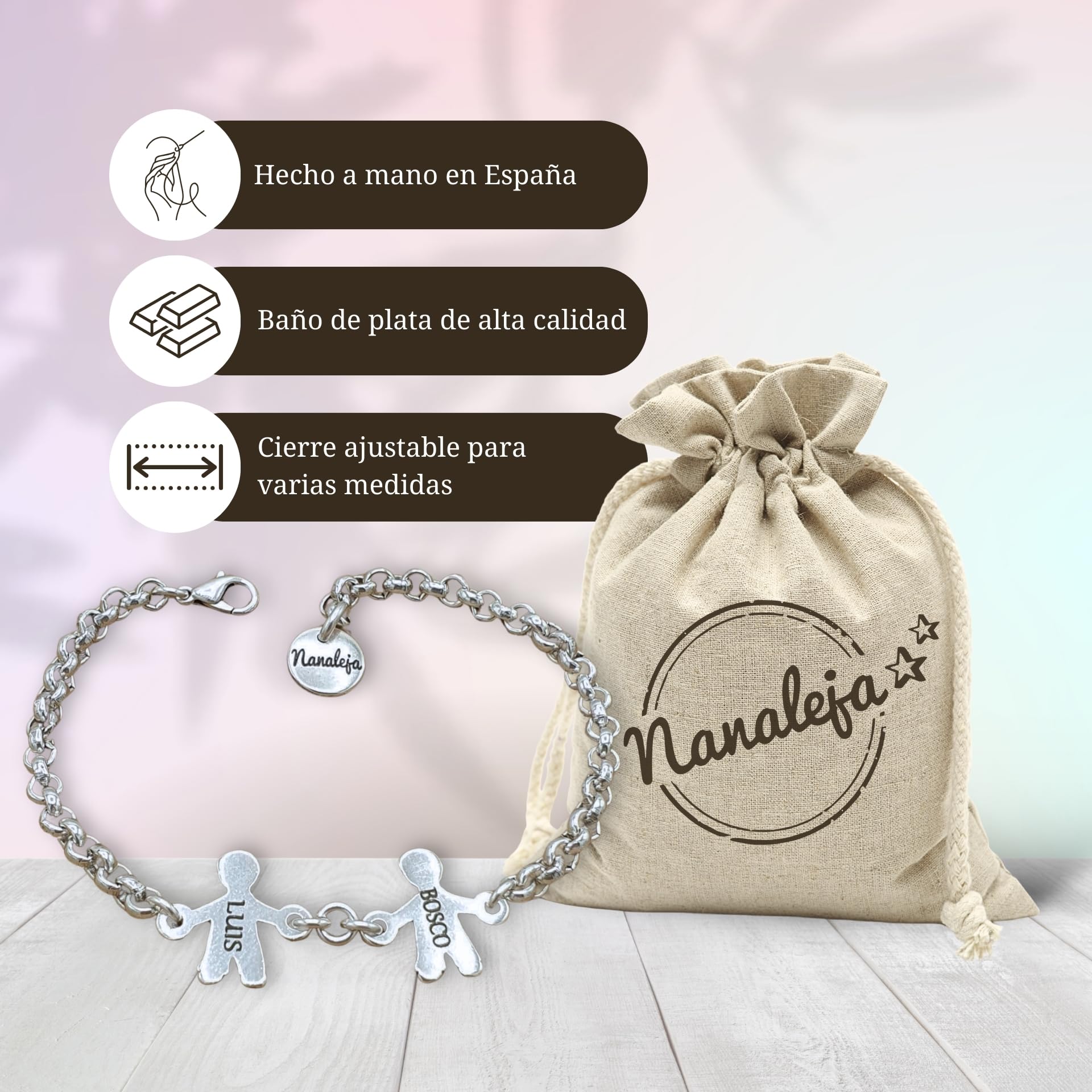 Pulsera nombre hijos - Nanaleja - pulseras personalizadas con nombre - bañado todo en plata - pulsera con nombre personalizado - pulsera abuela - puedes poner hasta 6 niños/as