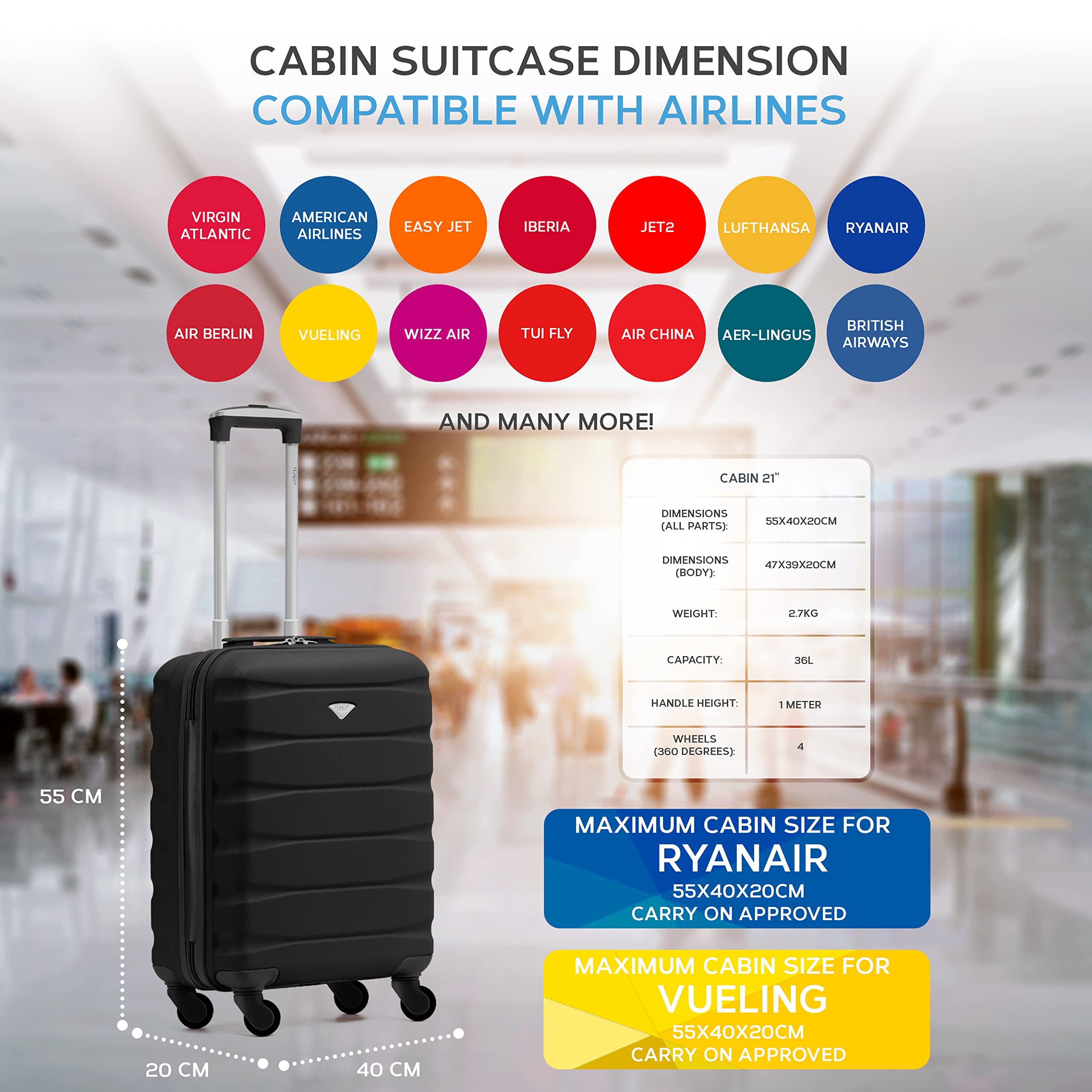 Flight Knight Cabin Suitcase 55x40x20 Ryanair Priority, EasyJet, Jet2 Lightweight Small Durable 4-Wheel Cabin Case, Carry-On for Over 60 Airlines, Hard Shell, 10kg Hand Luggage Bag (55 x 40 x 20 cm)