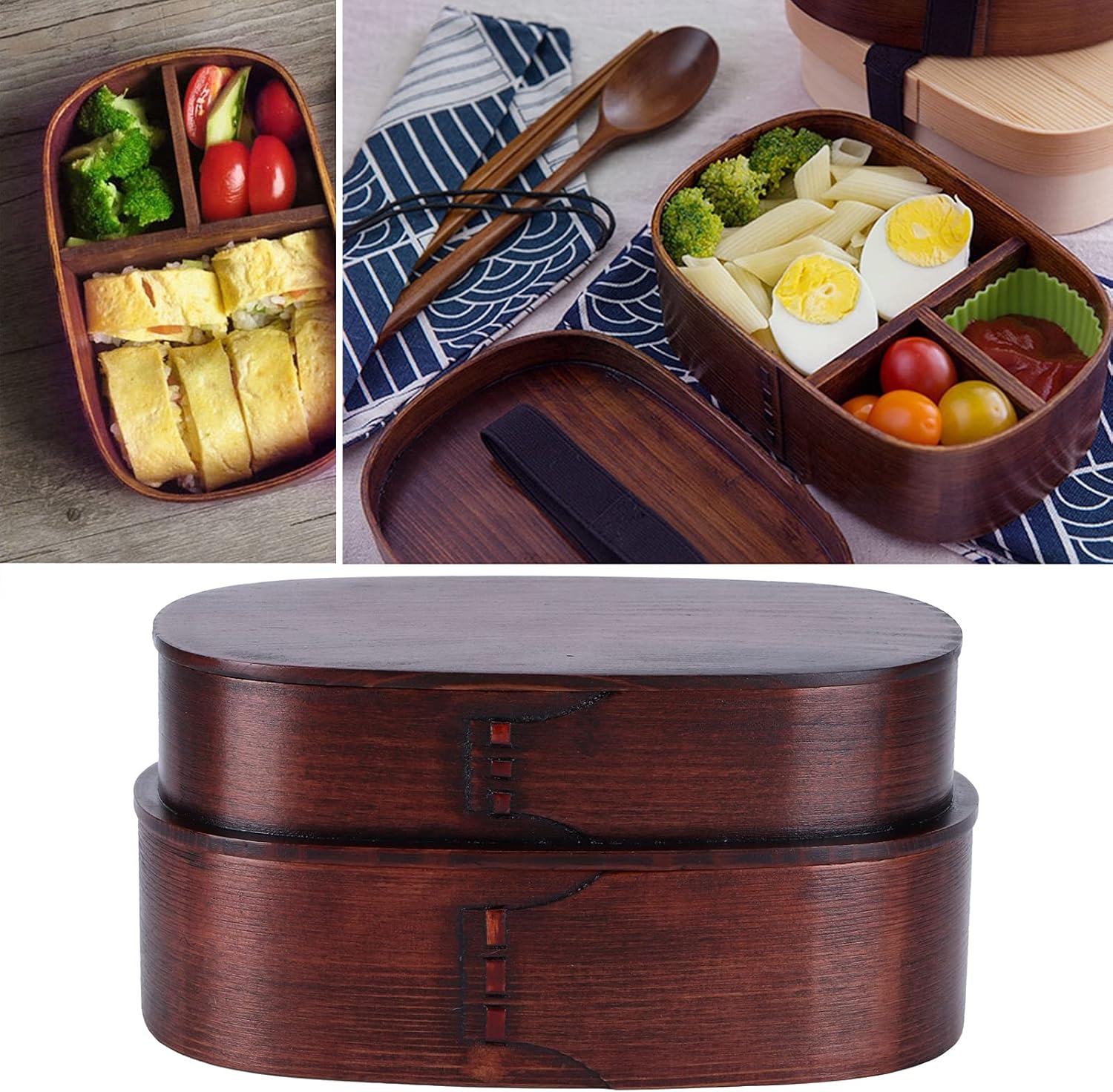 Lunch Box, Portable Sushi Box Rice Round Container Wooden Double Layers Food Storage Container for Office Travel (19 * 10 * 9.5 Old Paint Double Layer Lunch Box)