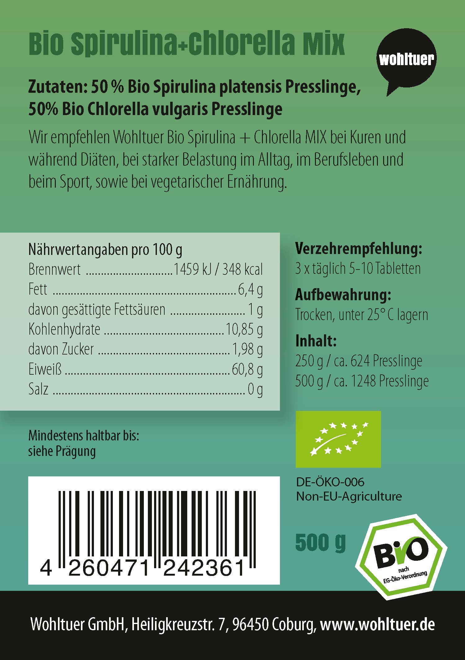 Spirulina + Chlorella Bio Algen Superfood Mix Tabletten in Rohkostqualität 500g