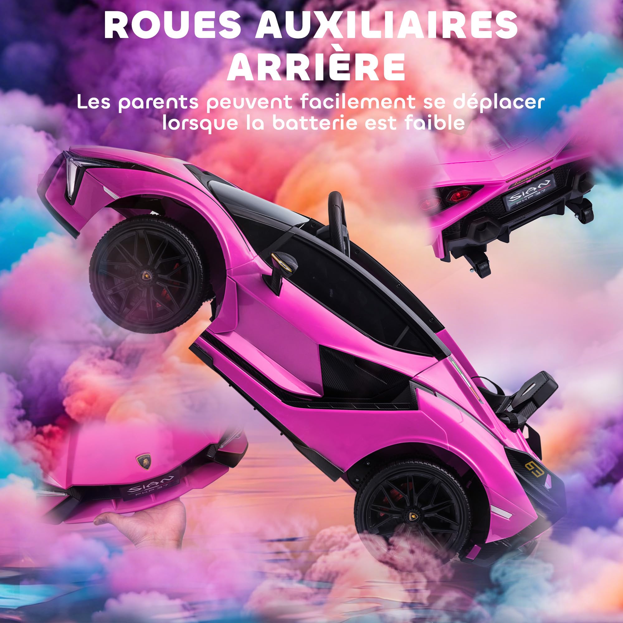 HOMCOM Voiture électrique Enfants de Sport Véhicule électrique Lamborghini Sian 12 V - V. Max. 5 Km/h avec Télécommande 2,4G Effets sonores + Lumineux Rose