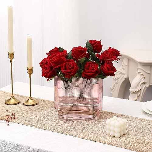 Miniatura 5 de Jarrón de vidrio acanalado, jarrón de vidrio rosa, florero de vidrio estriado, florero acanalado, jarrón rosa, jarrón moderno para sala de estar,