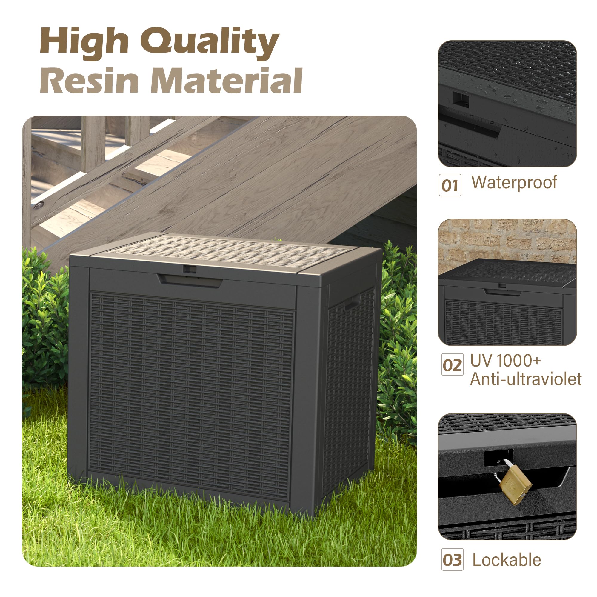 Outdoor Storage Box, 31 Gallon Deck Box with Lockable Lid, Waterproof Resin Storage Bin for Patio Furniture, Garden Tools, Cushions, Black - 4