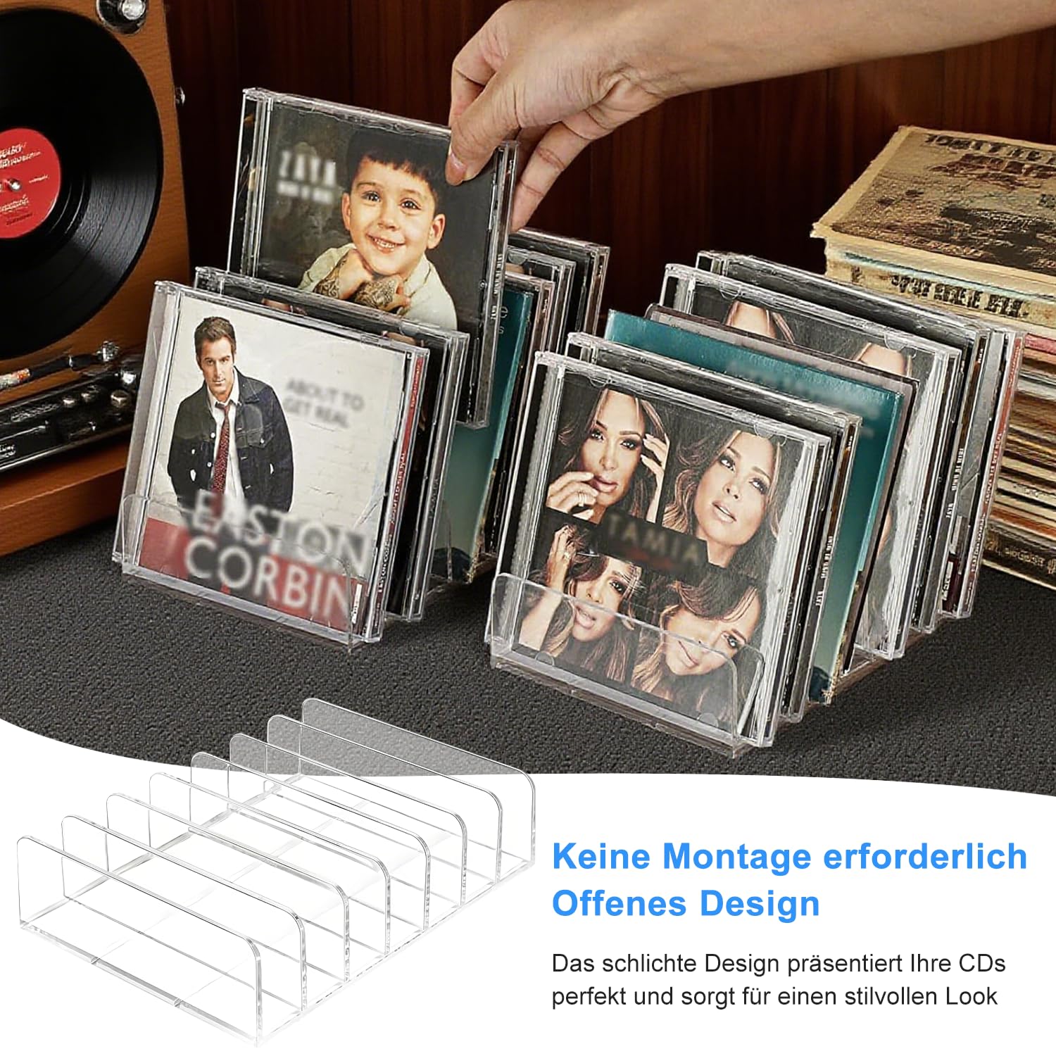 Porta-CD trasparente, 4 pezzi, in acrilico, per CD, CD, DVD, organizer per cosmetici, vassoio CD per cassette, cassette da gioco, libri