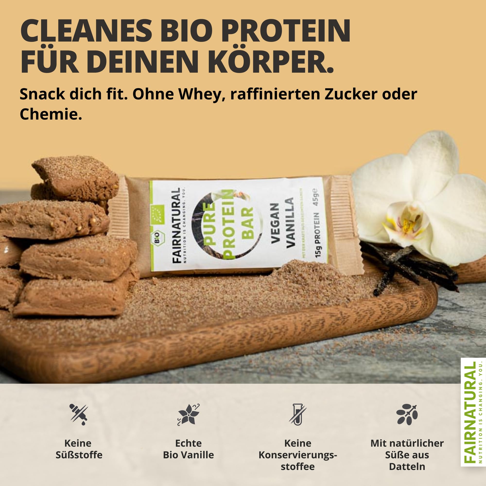 FAIRNATURAL® Protein Riegel Vegan Vanille [10x45G] - Vegane Whey Proteinriegel ohne Soja & zugesetztem Zucker - Eiweißriegel Herstellung in DE - Pflanzliche Energieriegel - Protein Bar - Snack Riegel