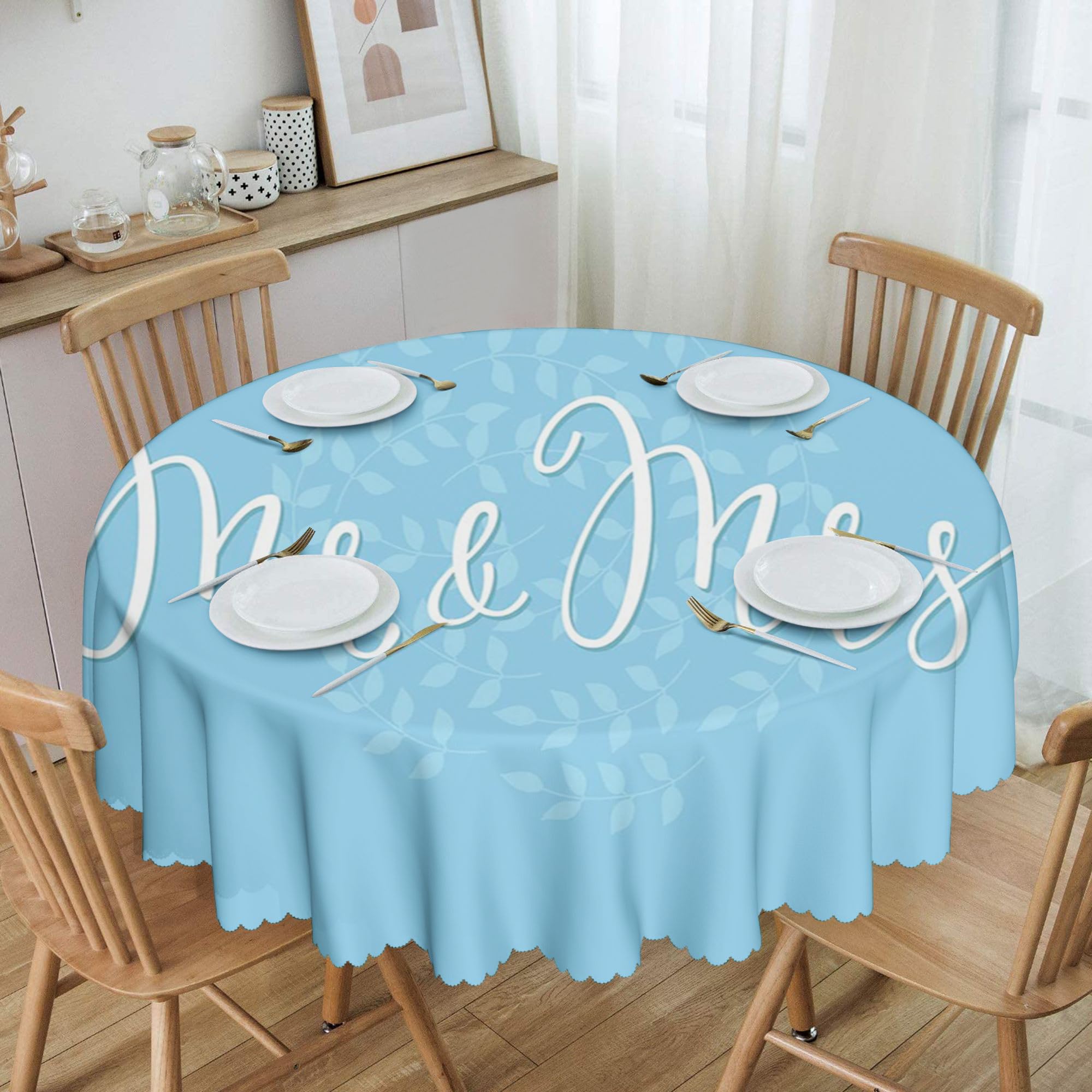SARNFANS Mr Mrs 60" Tablecloth for Round Tables,Romantic Wedding Themed,Waterproof Stain Resistant Washable Dining Table Protector for Holiday, Party, Indoor and Outdoor Blue White