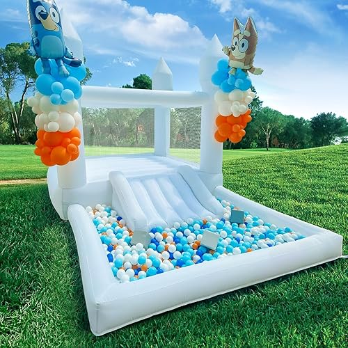 Miniatura 7 de White Bounce House para niños, 13 x 8 x 8 pies, casa hinchable blanca Oxford con tobogán y hoyo de bolas, perfecta para fiestas y eventos, segura y