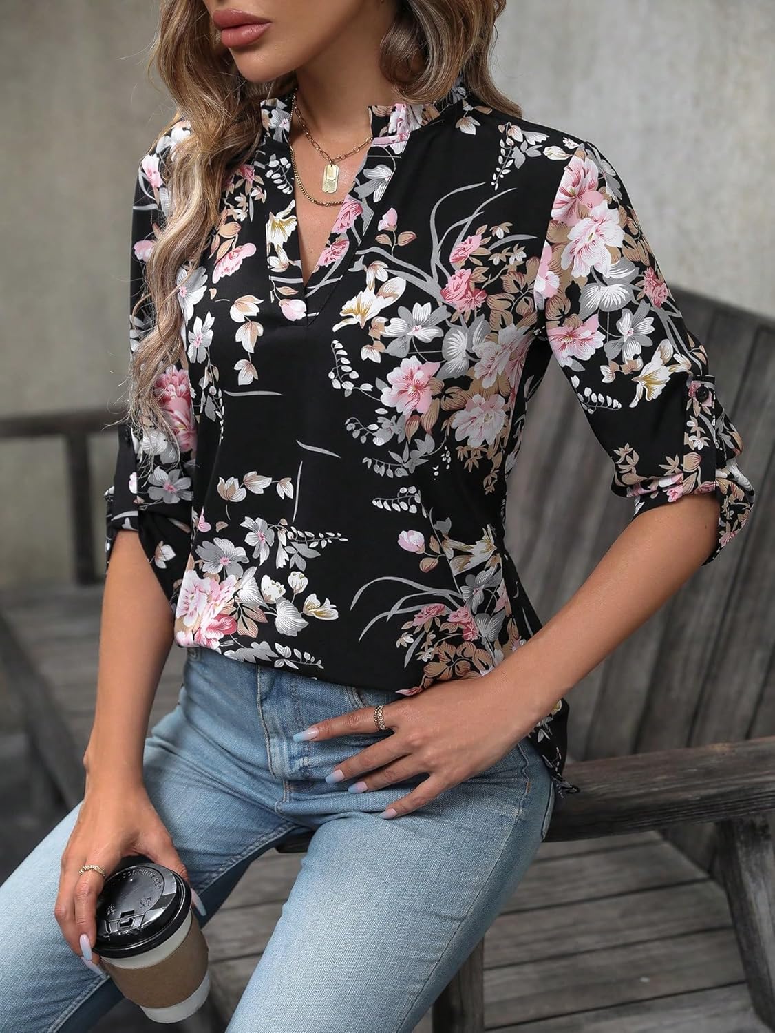SweatyRocks Women's Casual Floral Print Curved Hem Top 3/4 Roll Sleeve V Neck Loose Shirt Blouse - Image 3
