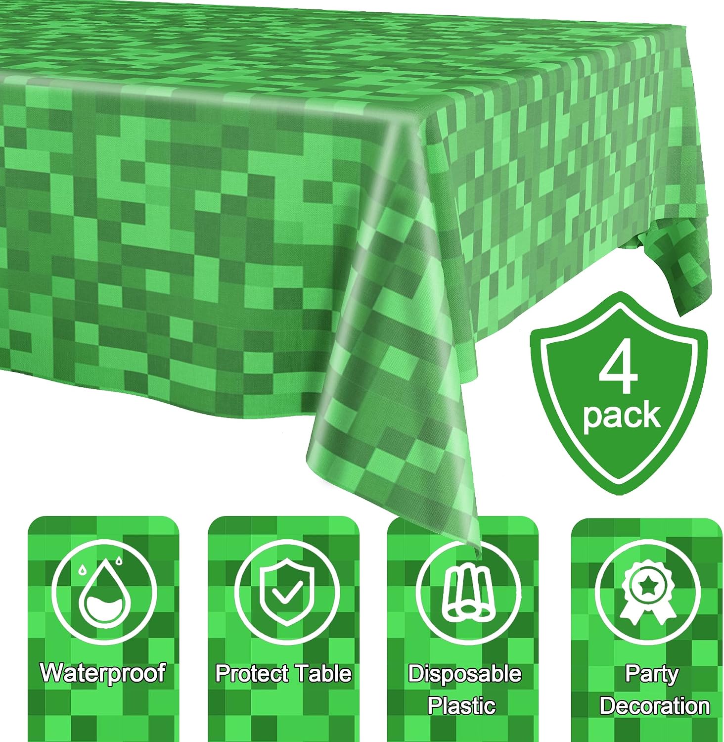 Pixel Miner Tablecloth 4 Packs, Green Plastic Table Cover Disposable Birthday Party Decoration, 54" x 108" Waterproof Tablecloths for Pixel Mining Gaming Themed Birthday Party Decoration Supplies image 3
