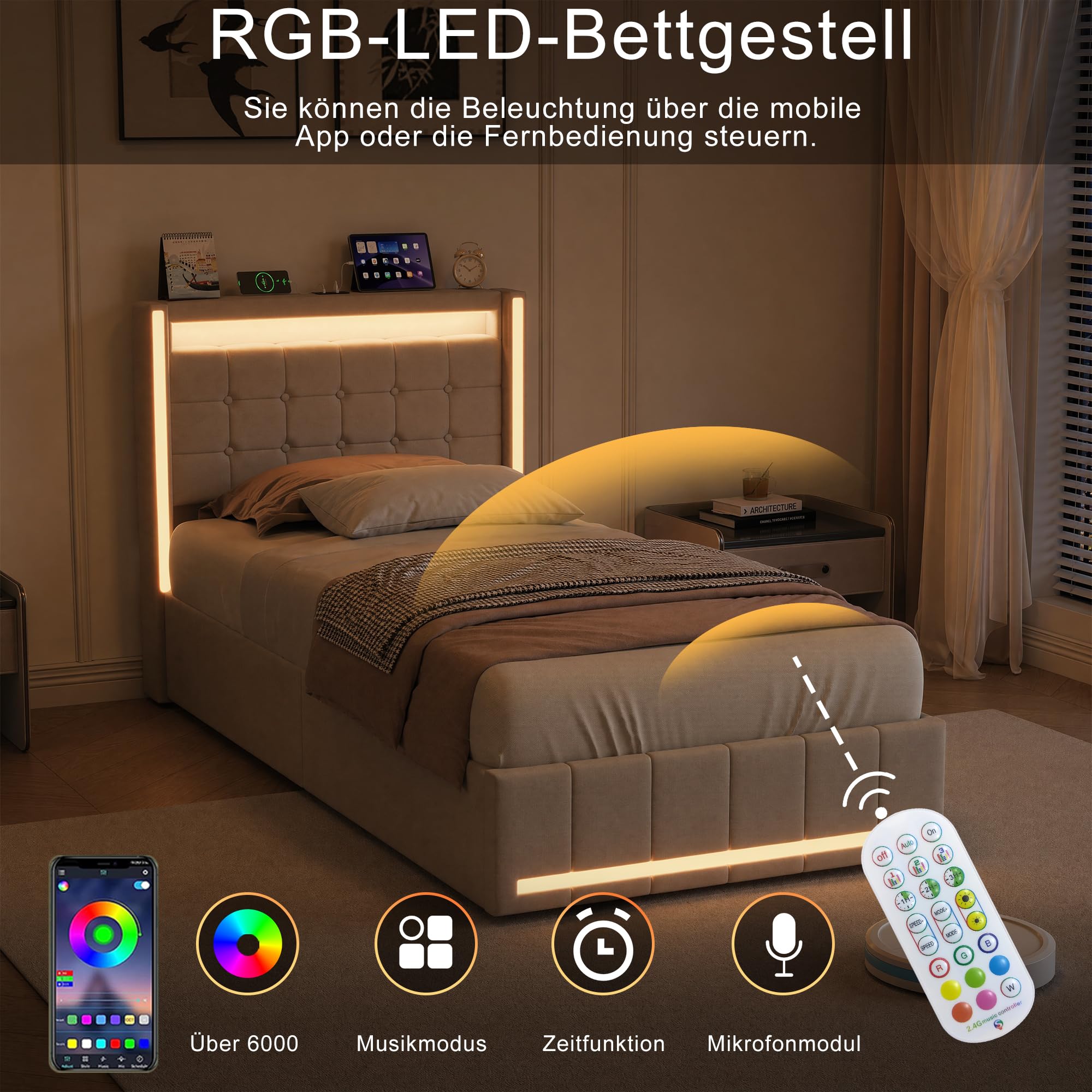 Cama tapizada 90 x 200 cm con espacio de almacenamiento, cama individual con cajones, cama juvenil con iluminación LED y estación de carga, estructura de cama con marco de metal y somier de