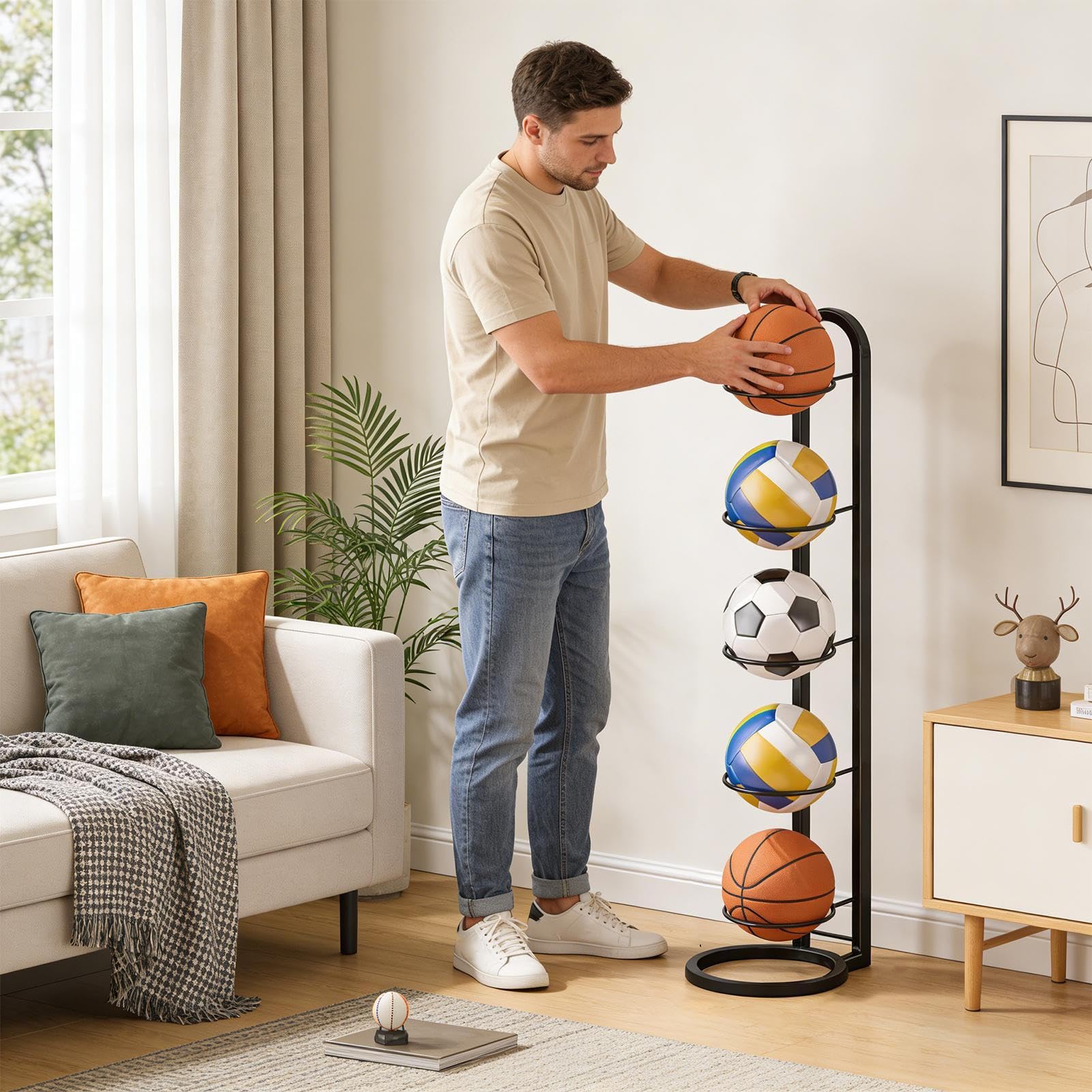 Contenitore per pallacanestro, supporto a 5 strati per palloni sportivi, organizer per pallavolo, per garage, palestra, interni ed esterni, scuola, cortile, cortile, basket, pallavolo, calcio