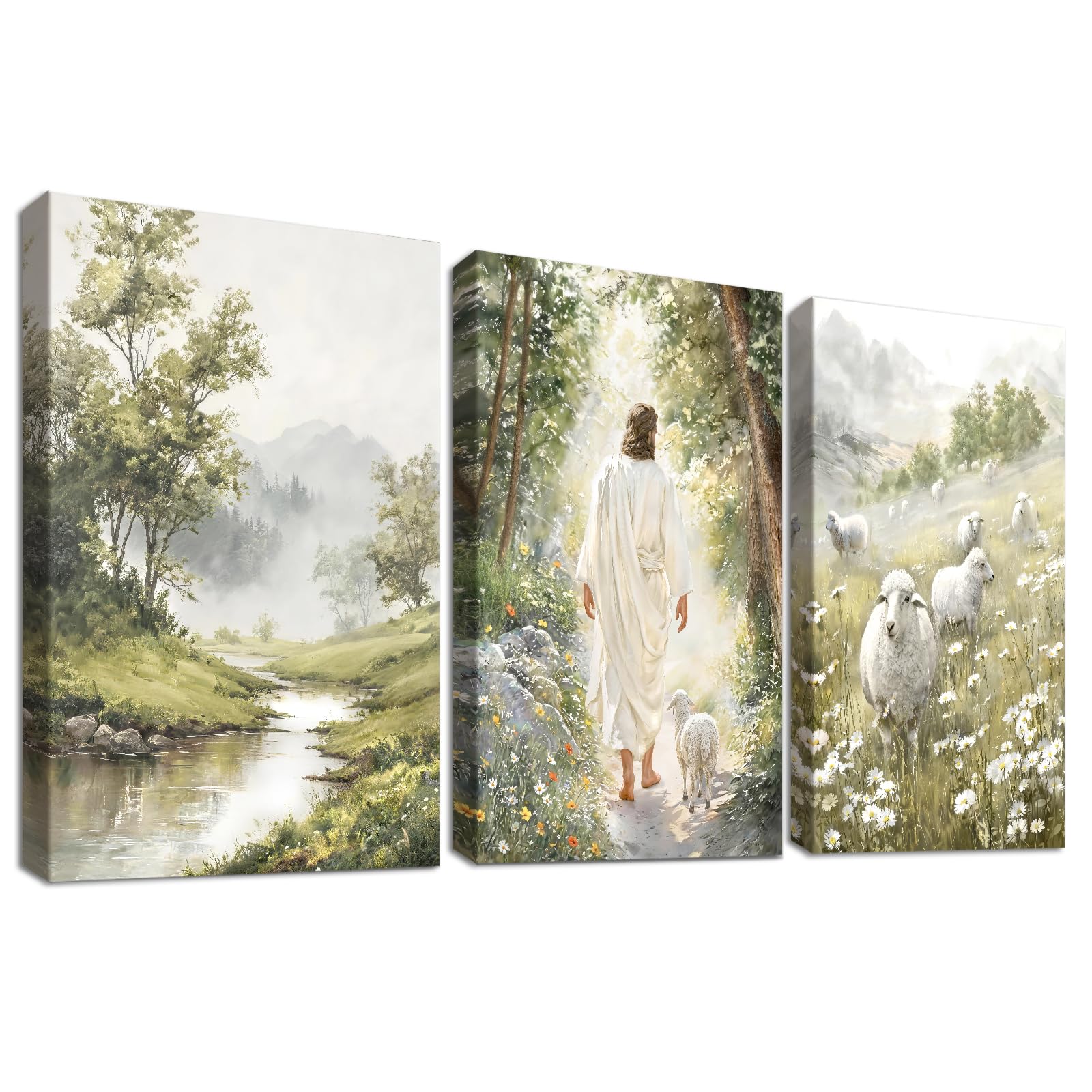 3Pcs Wooden Framed Canvas Wall Art Set Jesus Lamb Christian Painting on Canvas Prints Easter He is Risen Grassland Poster God Religious Bible Pictures for Living Room Church Wall Decor 50x70 cm x3pcs