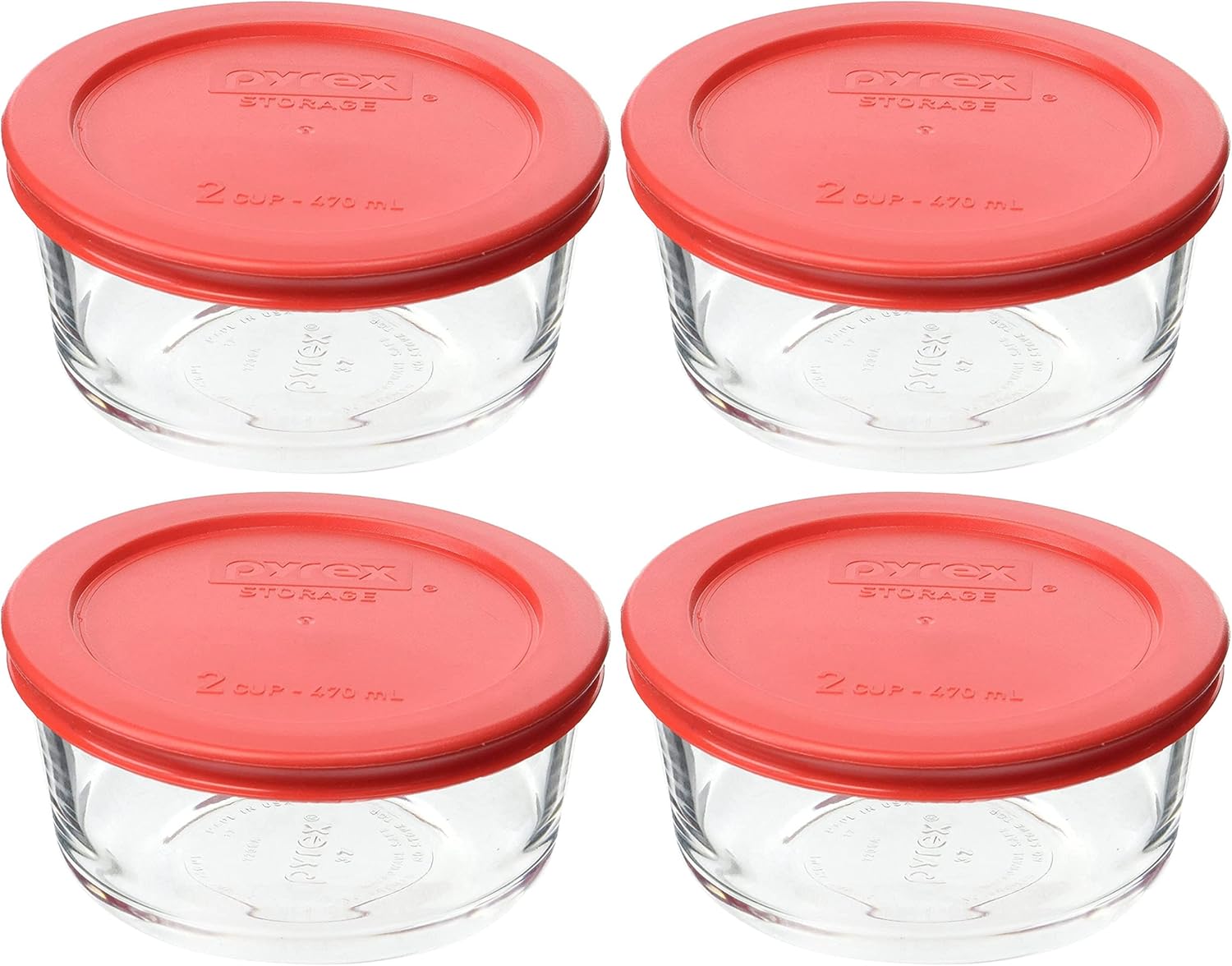 Pyrex 7200 2 Cup Glass Bowls & 7200-PC Red Food Storage Replacement Lids (4-Pack) - Made in the USA
