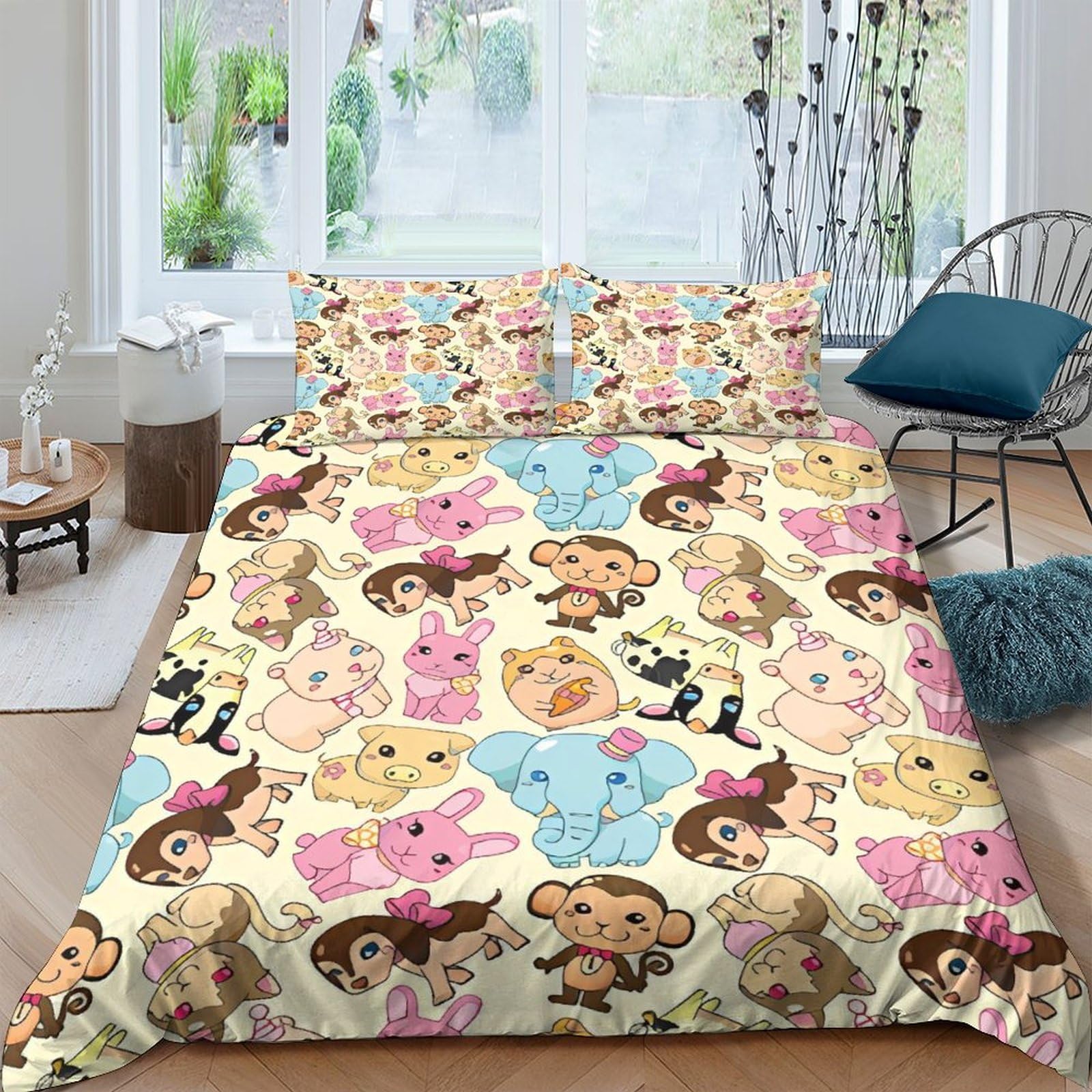 Parure de lit singe éléphant 3D en microfibre 200x200 cm avec housse de couette et taies