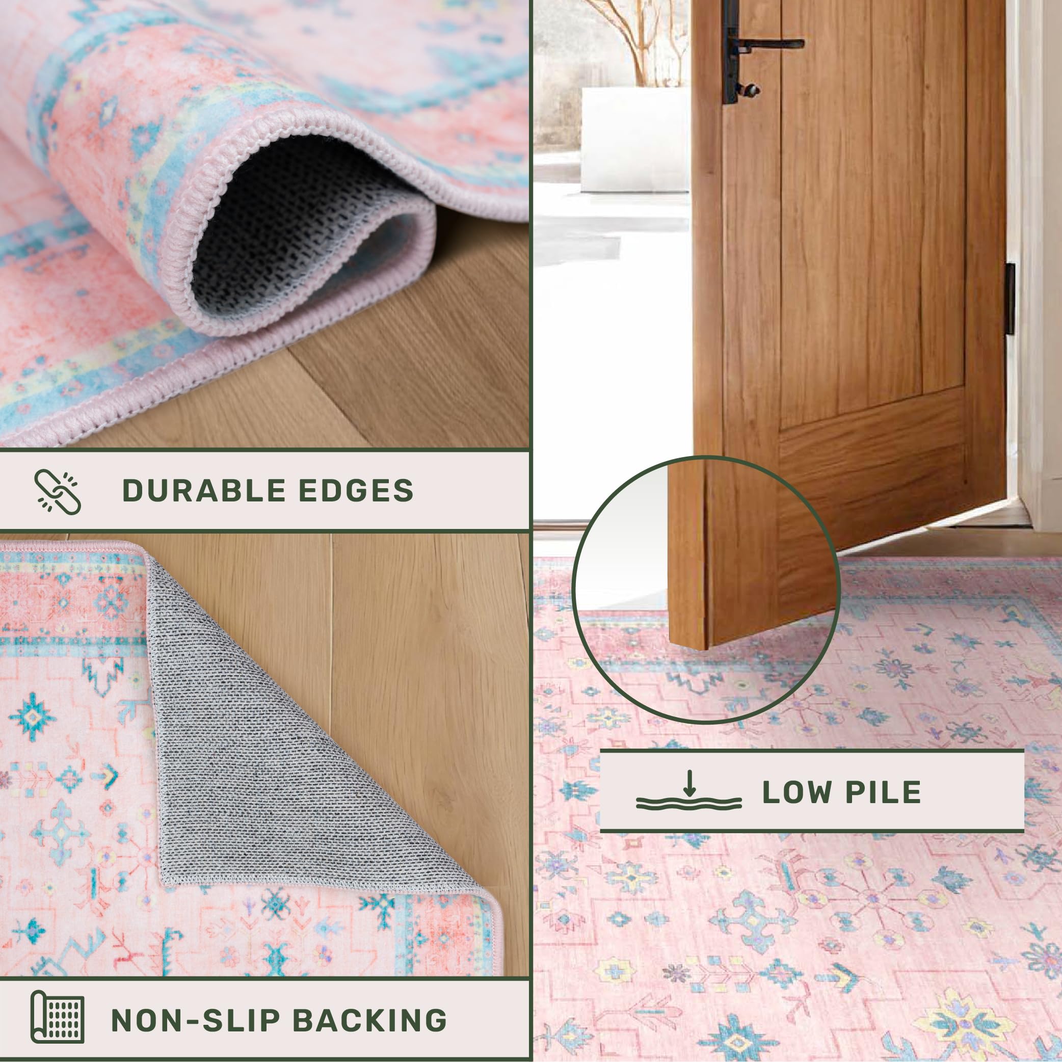 Hazo Haus Alfombra de área para cuarto de bebé, 4 x 6 pies, color rosa, para dormitorio de niñas, lavable, de pelo bajo, para sala de estar, diseño bohemio encantador, alfombra antideslizante perfecta
