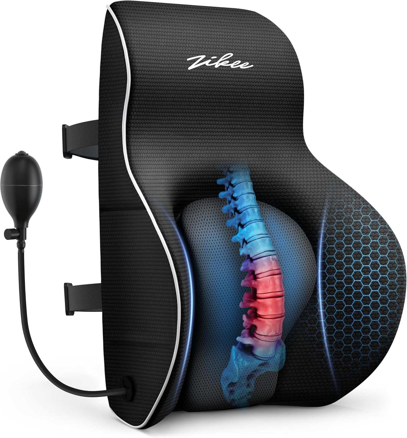 ZIKEE Adjustable Airbag Lumbar Support Pillow Provides Comfortable Support Back Pain Relief and Improves Posture, Ergonomic Memory Foam Back Support Pillow for Office Chair, Car, Home