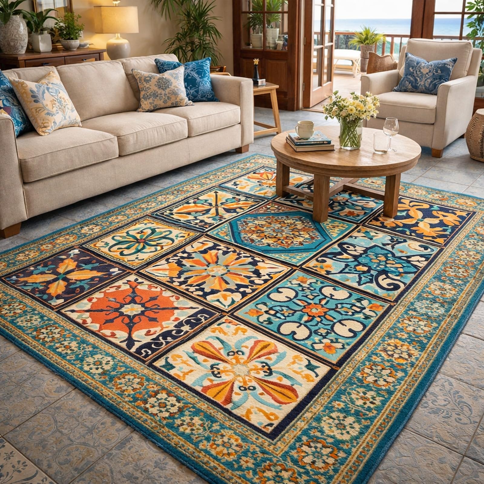 Tapis de chambre oriental bleu et orange 120x200cm pour un salon chaleureux