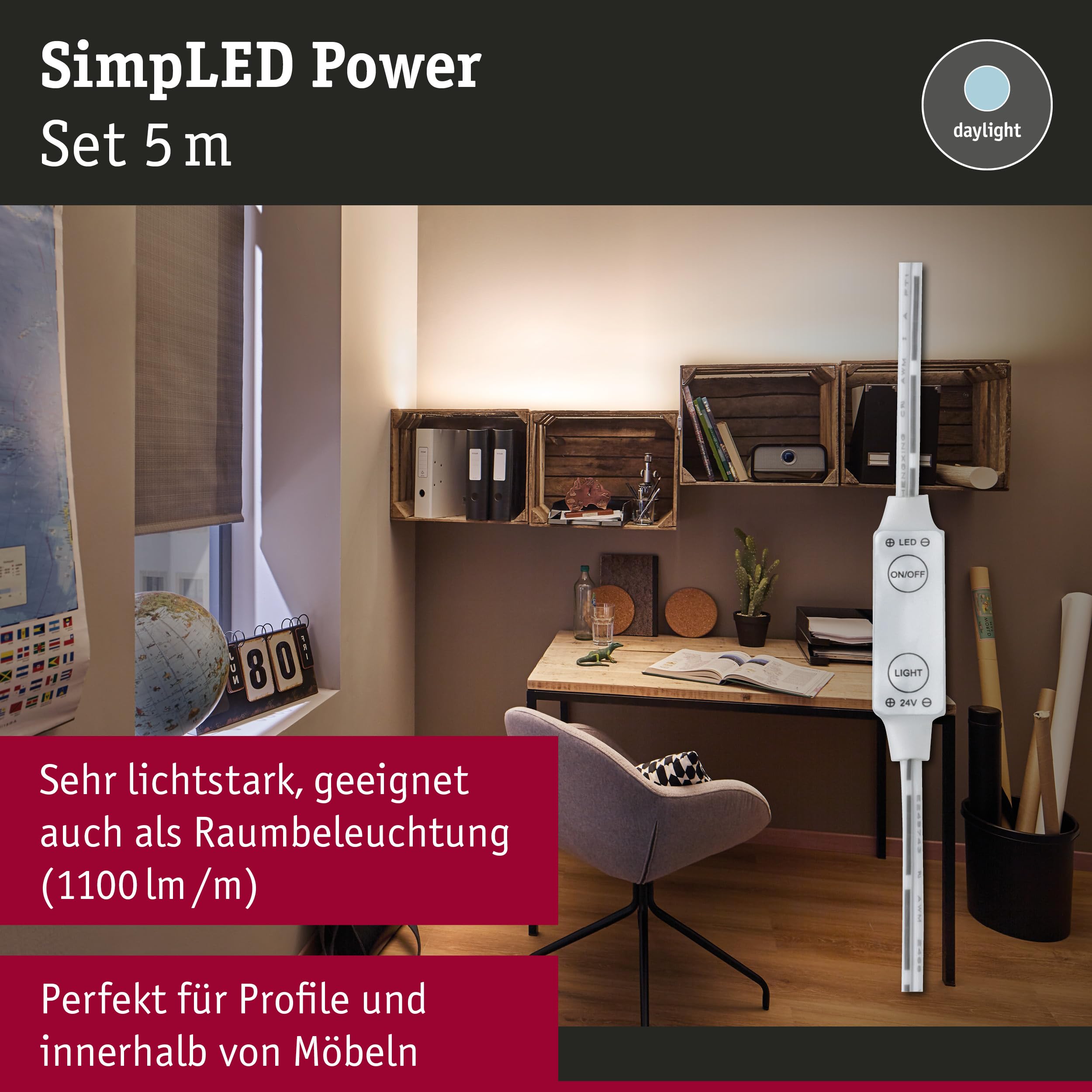 Paulmann 789.60 SimpLED Power Strip Set 5m Neutralweiß 50W beschichtet mit Schnurdimmer 1100lm/m