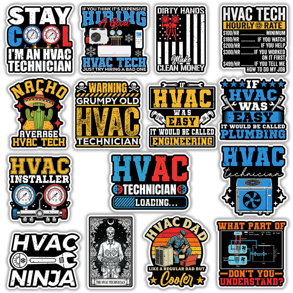 MAIANEY (15Pcs-3in) HVAC Technician Sticker Pack – Funny HVAC Tech Stickers for Toolbox, Helmet, Laptop, Water Bottle, Work Gear, Durable Waterproof Vinyl Decals Gift for Mechanics