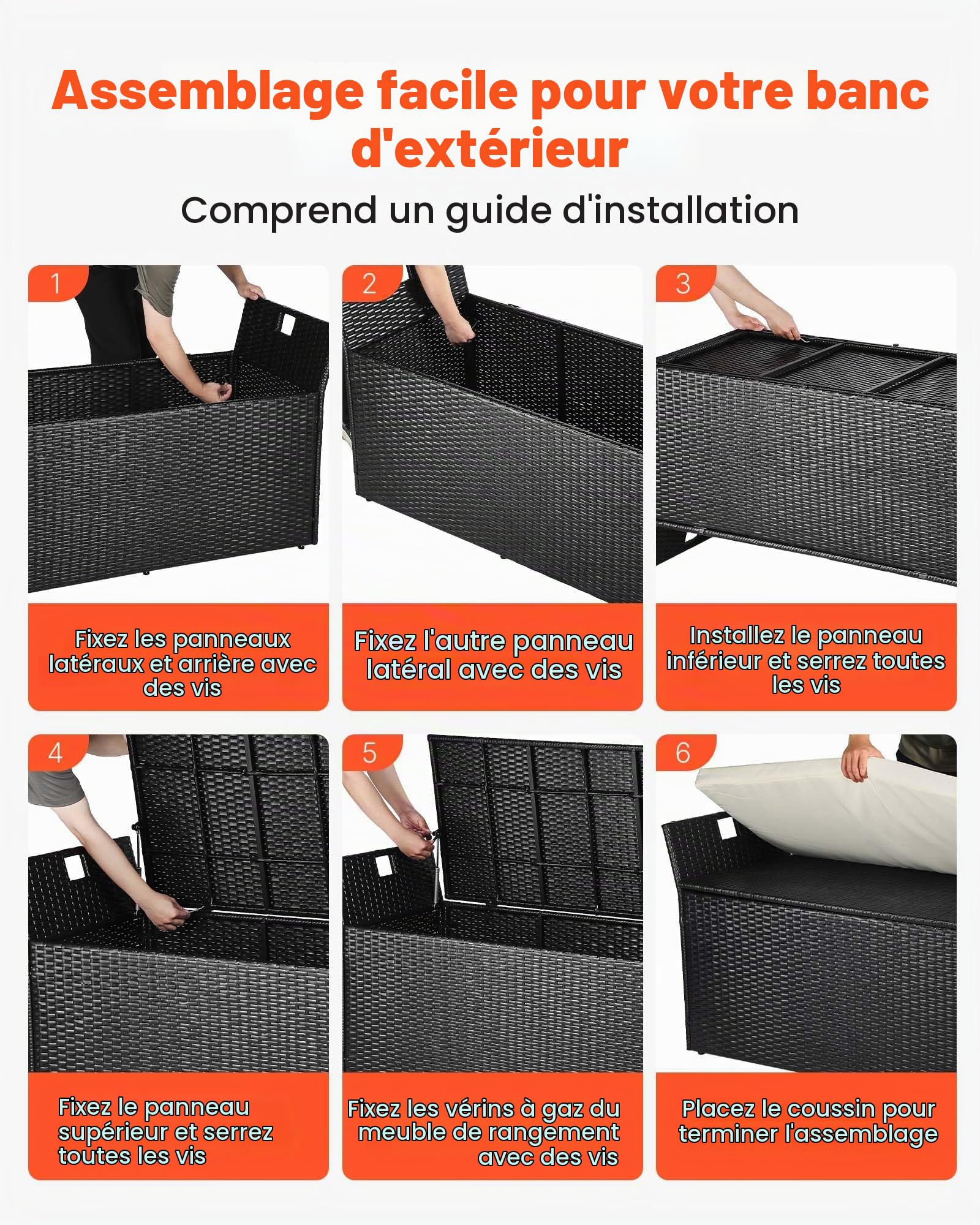 VEVOR Banc de Rangement Extérieur en Rotin Synthétique Coffre de Jardin 340 L Banc de Terrasse avec Coussin, Capacité Charge 362,9 kg, Poignée Latérale, Siège d'Extérieur pour Patio, Jardin, Balcon