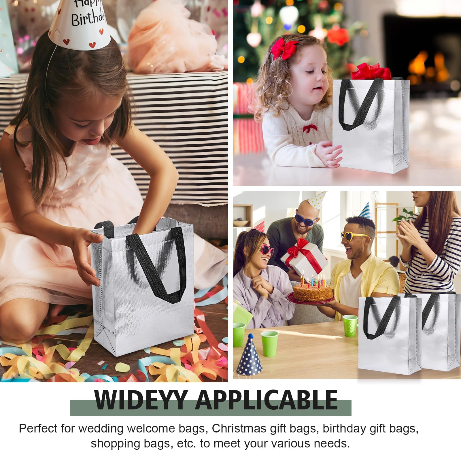 【18-Pack Silver】 Reusable Gift Bags with Handles, Bulk Goodie Bags for Valentines Day, Baby Shower, Birthday, Party Favors, Wedding, Holiday Goodie | 8x4x10 Inches | 18 Premium Silver Bag | Eco-Friendly