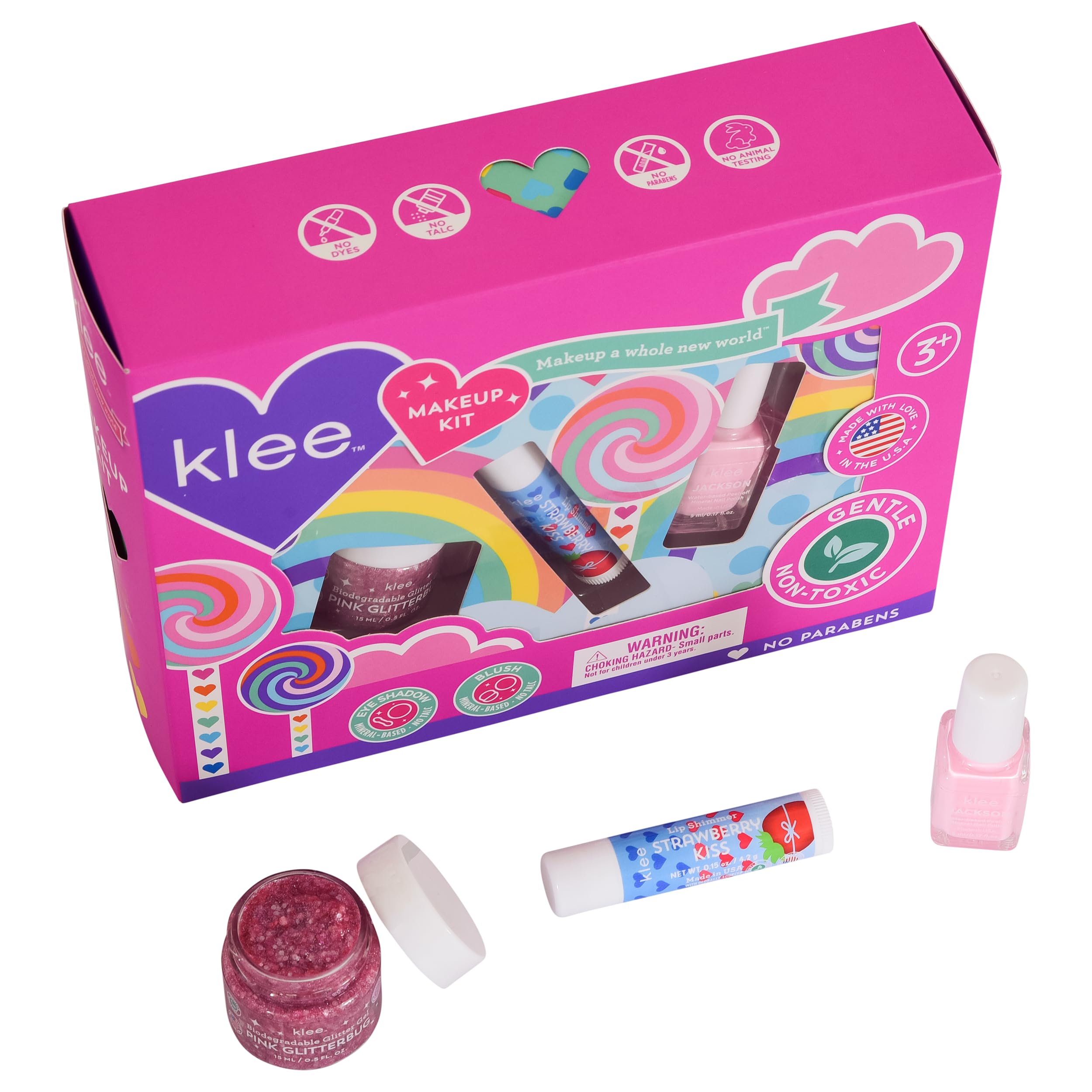 Klee Naturals Makeup Kit with Nail Polish, Glitter Gel and Lip Shimmer. Kid-Friendly and Non-Toxic. Made in USA. (Spinning Pink)