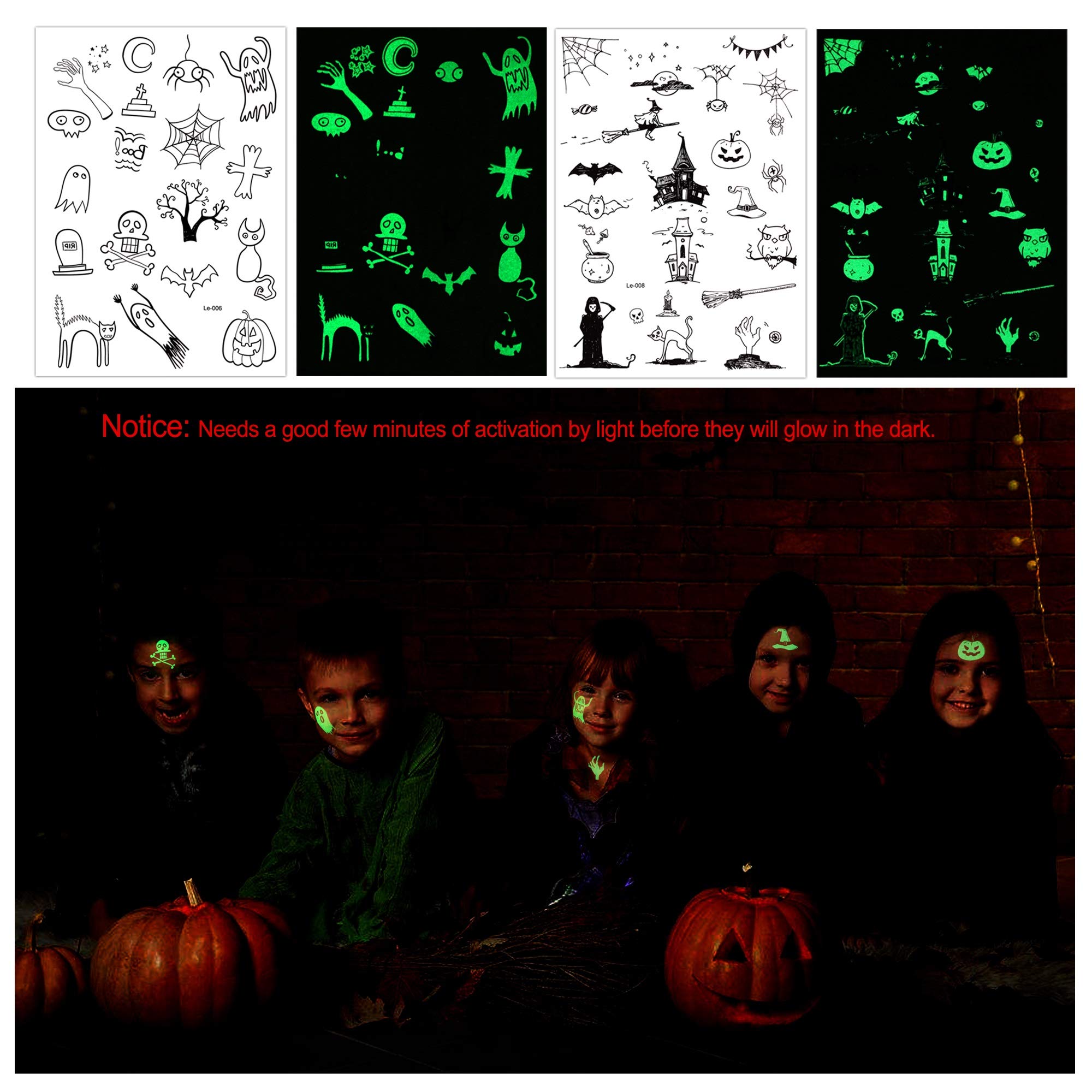 HOWAF Tatuaggi Temporanei Per Bambini: Set Halloween Con Glitter E Disegni Luminescenti, Adesivi Finti Impermeabili Per Festa E Sacchetti Regalo