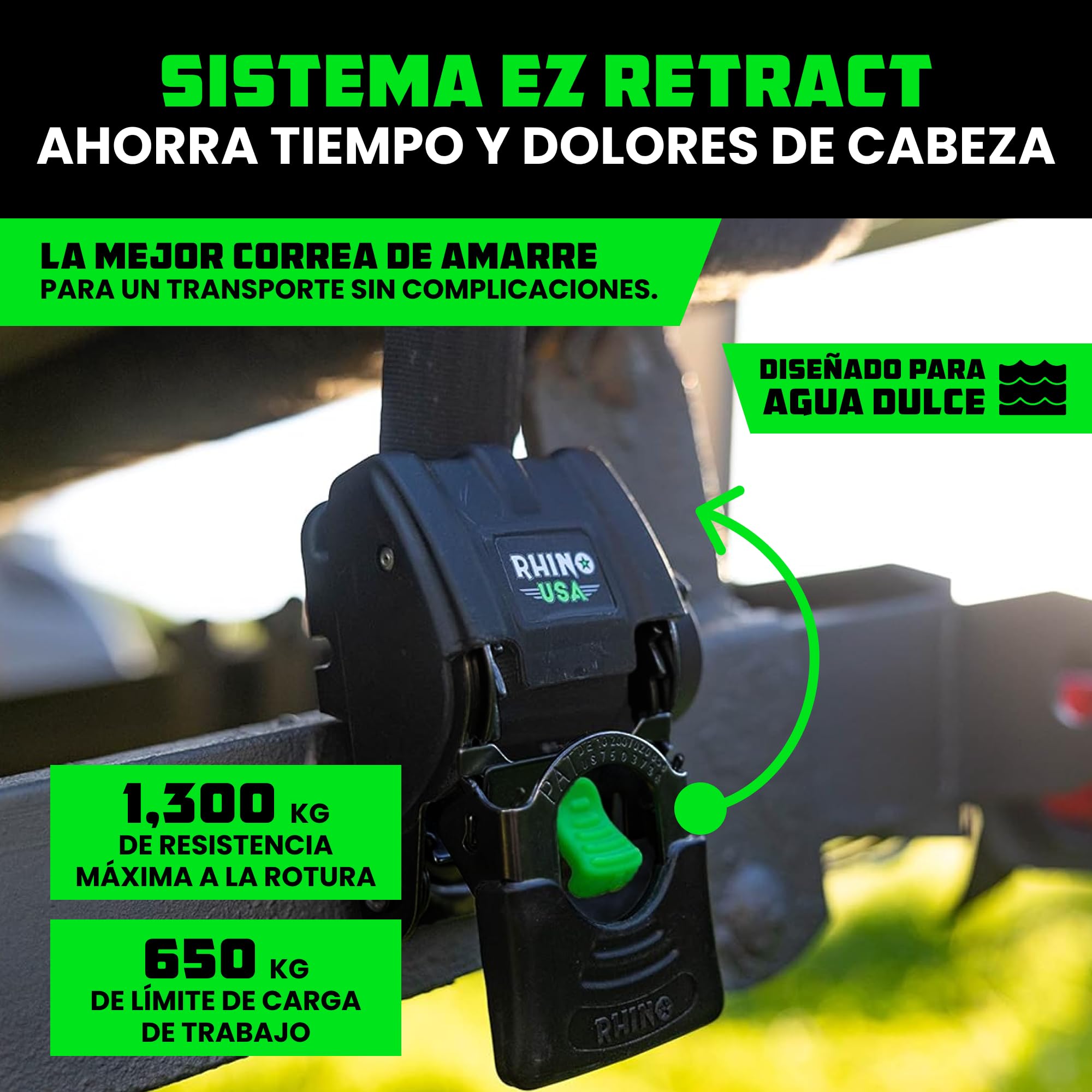 Rhino USA Correas Retráctiles para Remolque de Barco (Paquete de 2) - Correas de Amarre para de 5cm x 1,1m, 1300kg para Remolque, Barco, Jet Ski y más! Acero con Recubrimiento en Polvo Negro
