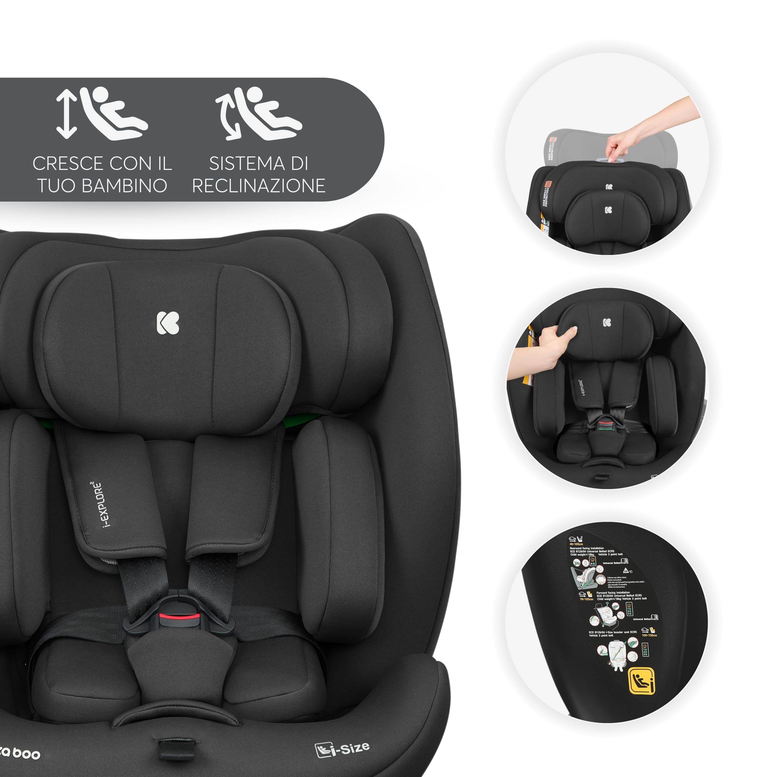 KikkaBoo Seggiolino Auto 0–36 kg Reclinabile i-EXPLORE 2, Gruppo 0 1 2 3, Girevole Avanti e Indietro, Imbracatura a 5 Punti, 40–150 cm, Nero
