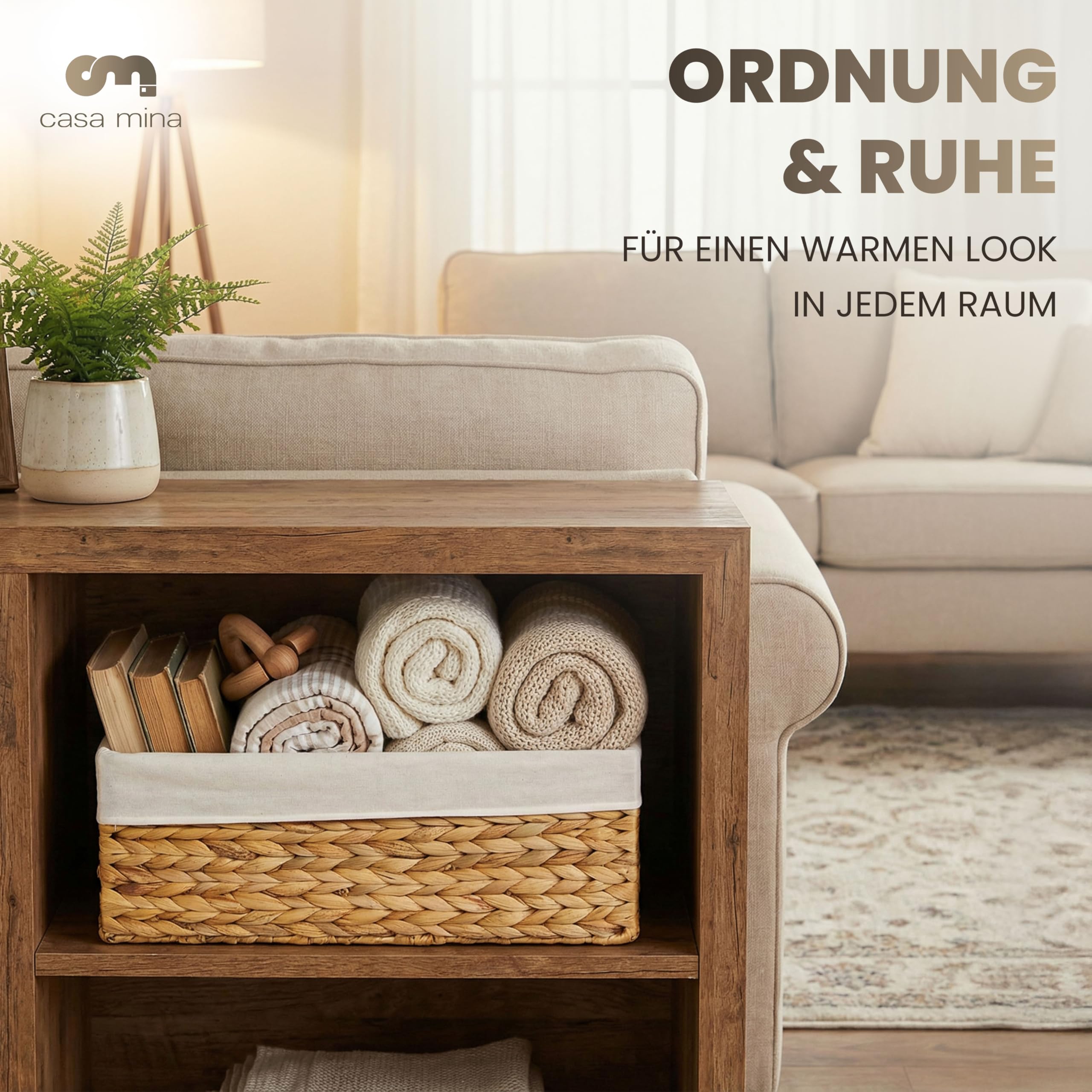 Casa Mina Korb Aufbewahrung L44xW30xH16cm 100% natürlich aus Wasserhyazinthe I Dekorative Körbe Aufbewahrung für jeden Raum I Aufbewahrungskorb mit robustem Metallgestell