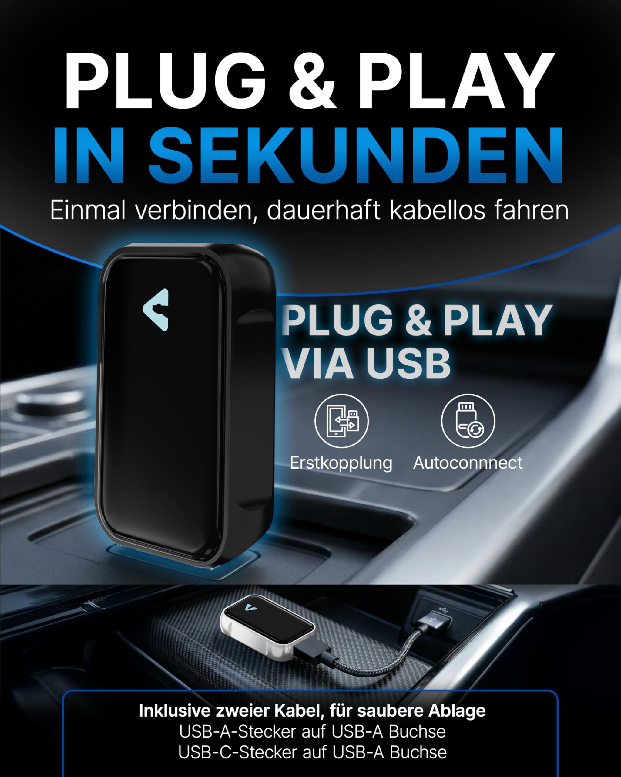 Carplay Wireless Adapter & Android Wireless Adapter fürs Auto – USB-A Plug & Play Nachrüstadapter, Upgrade auf kabelloses Apple CarPlay & Android Auto (Black)