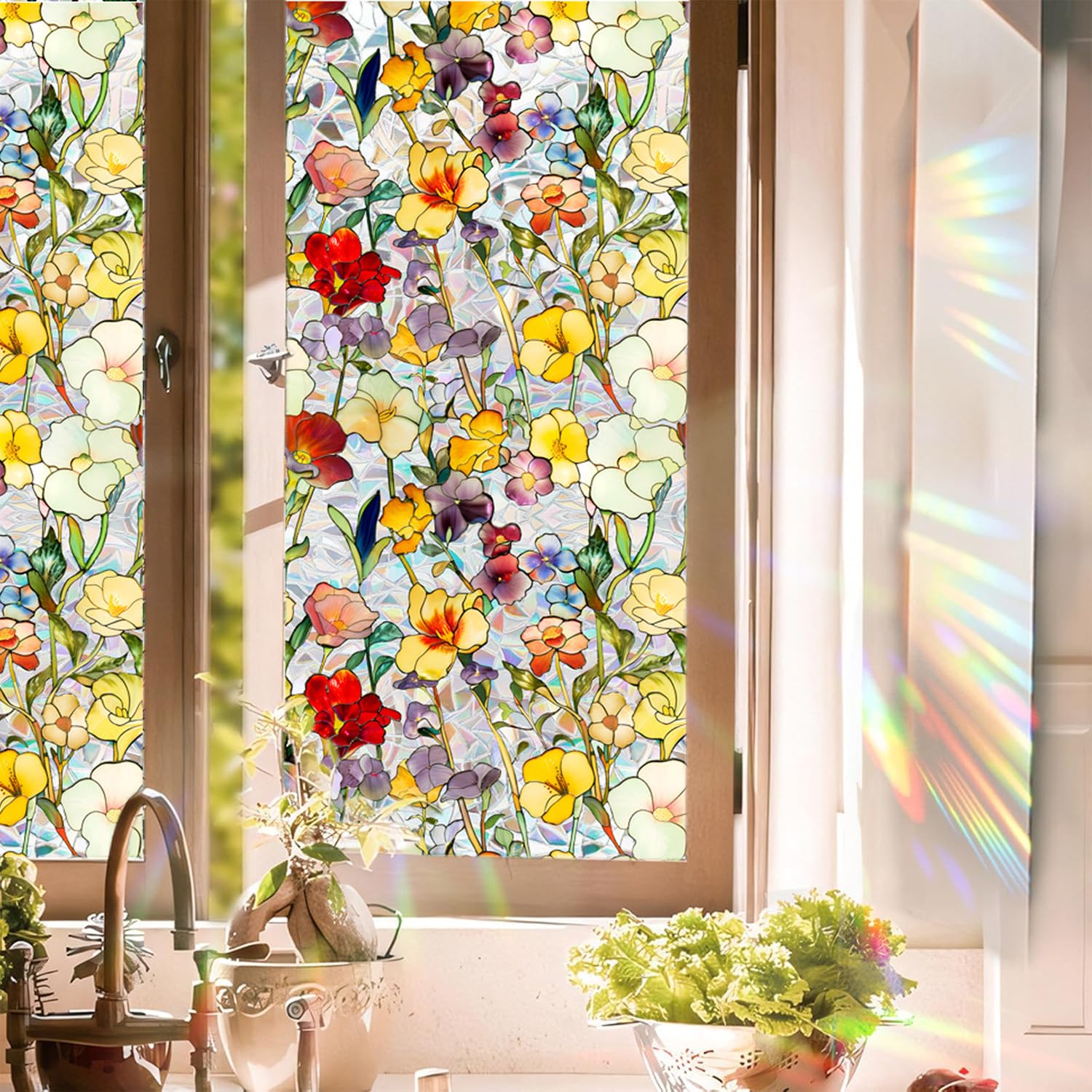 Floral Stained Glass Window Privacy Film, Retro Decorative Rainbow Window Privacy Film Sun Blocking, Magnolia Flower Glass Decal,Static Cling Stickers