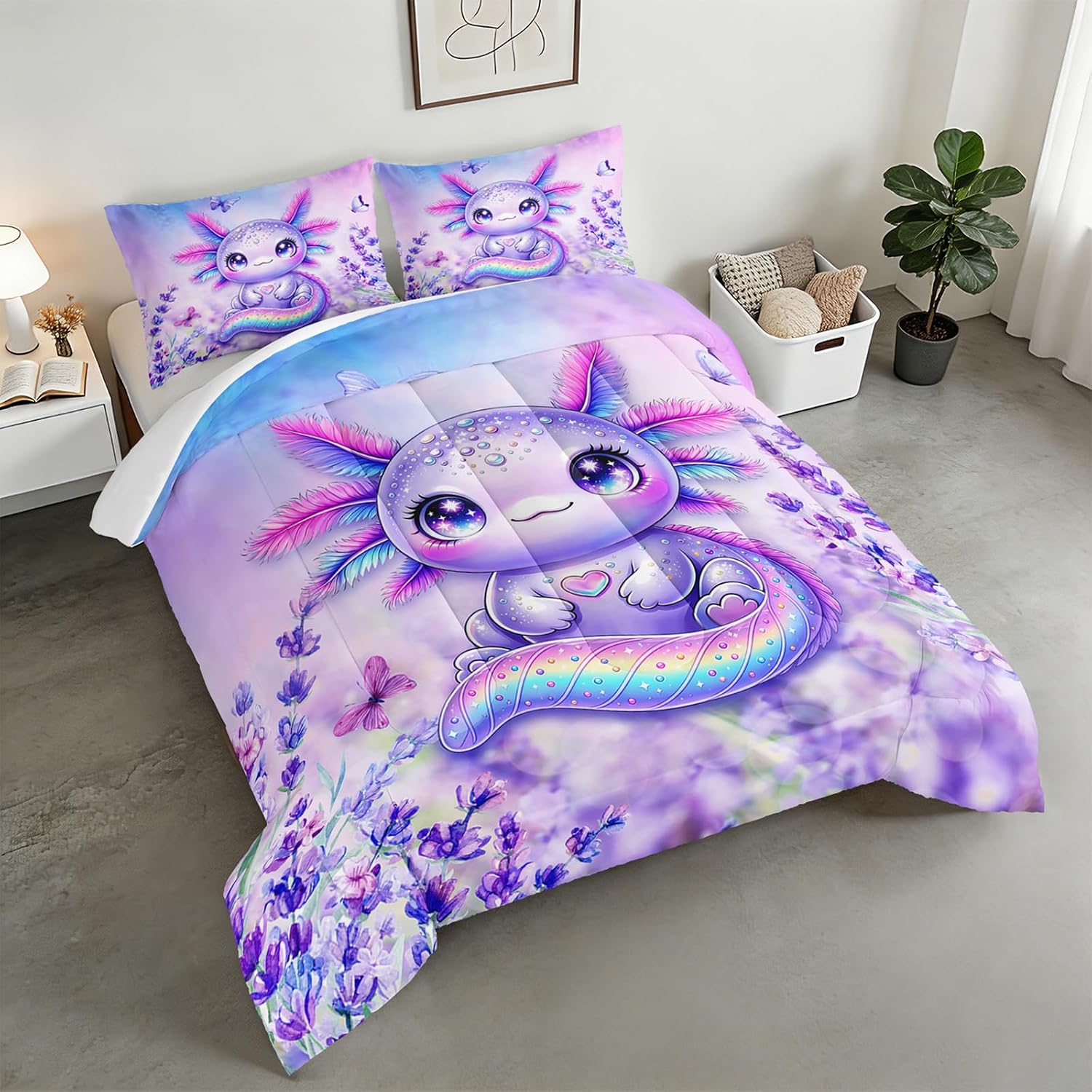 Cute Axolotl Kids Comforter Sets Full Size with 2 Pillowcases.