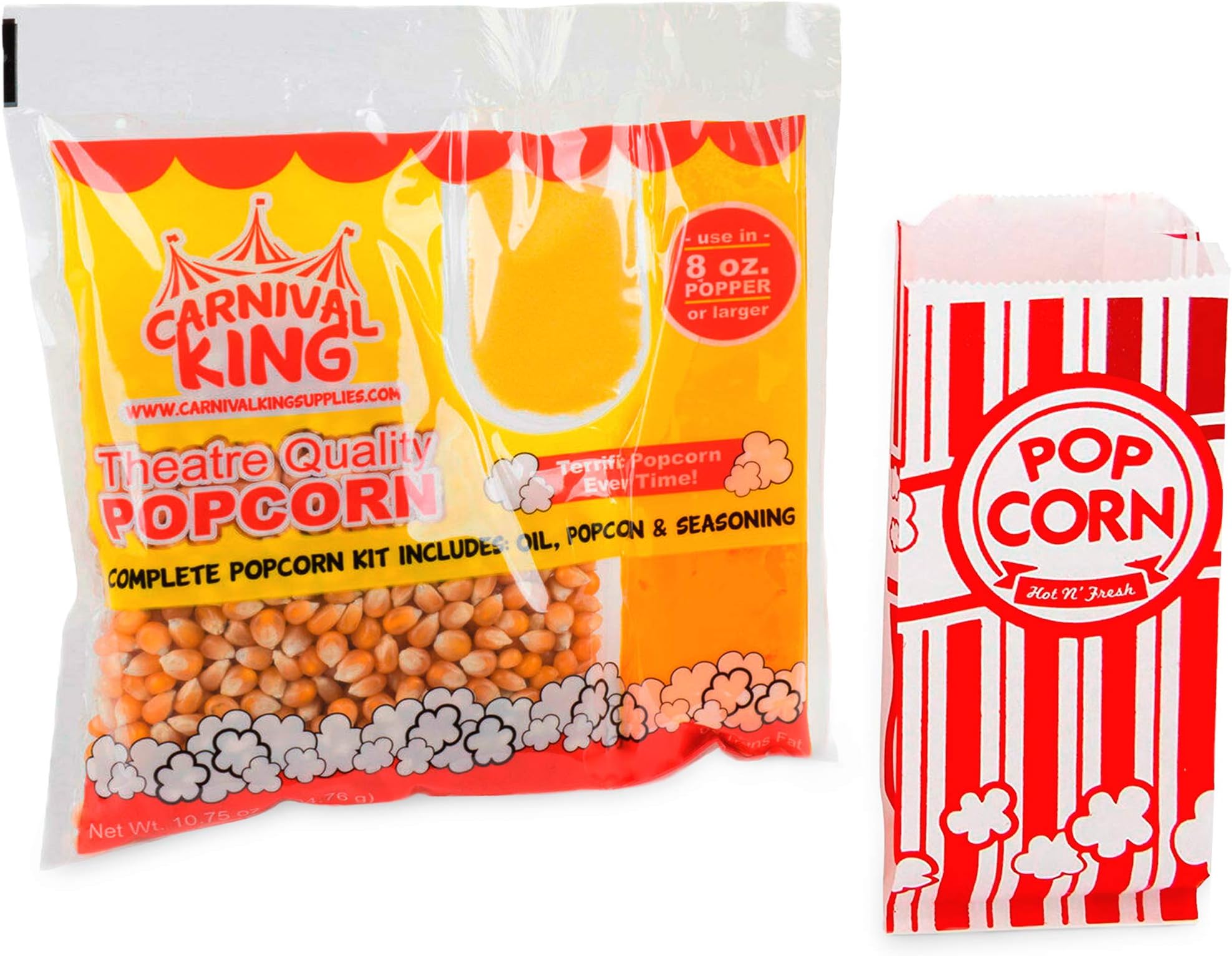 Carnival King Popcorn Kits [24pcs, 8 ounce] - Popcorn Machine Popcorn Packets Bundle w/ 200 Bags and 2 CUSINIUM Coasters, Ebook Bundle