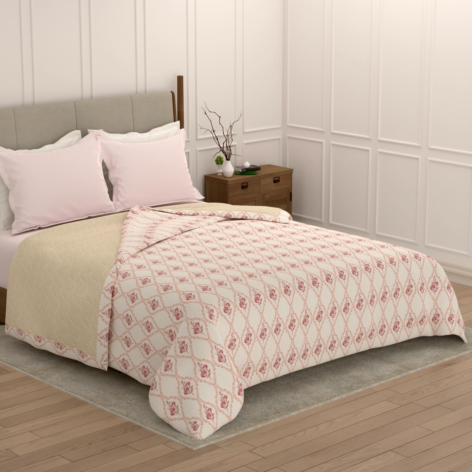 Raymond Home Dohar Double Bed 100% Cotton|180 TC 150 x220 cm Quilt Cooling Blankets for Monsoon | AC Comforter Double Bed | Pink & White, Floral Duvet | All-Season Blanket-image-38
