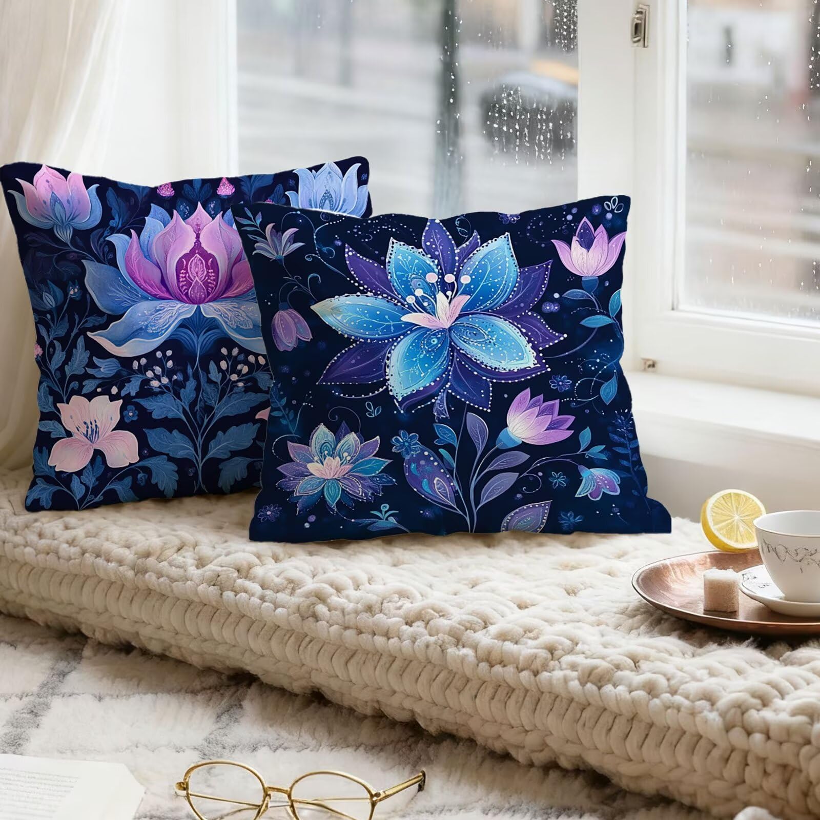 Violet Housse Coussin 60x60 Fleur Taie Oreiller 60x60 Lot de 4 Super Doux Protege Oreiller 60 x 60 Decoration Automne Taie D'oreiller Carrées Coussin Canape, pour Maison Chambre Canapé Chaise E - 320