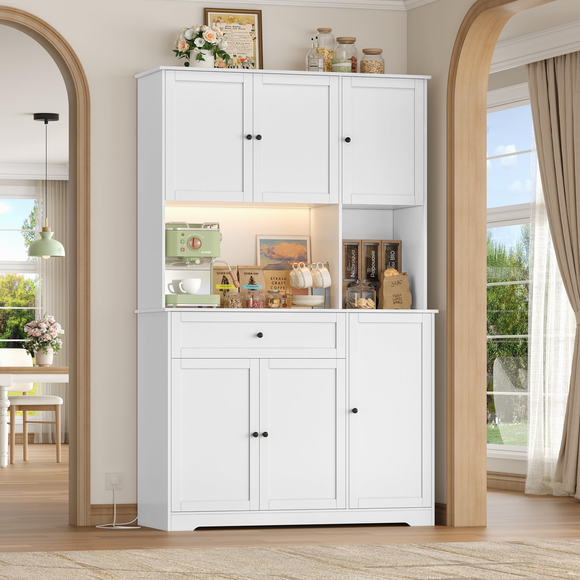FirFurd Alacena Cocina Grande, Armario Cocina Almacenaje, Mueble de Cocinas | Armario Despensa Cocinas con Iluminacion LED, Regleta, Encimera, Botellero 12 Botellas, 1 Cajón 100x39x180cm Blanco