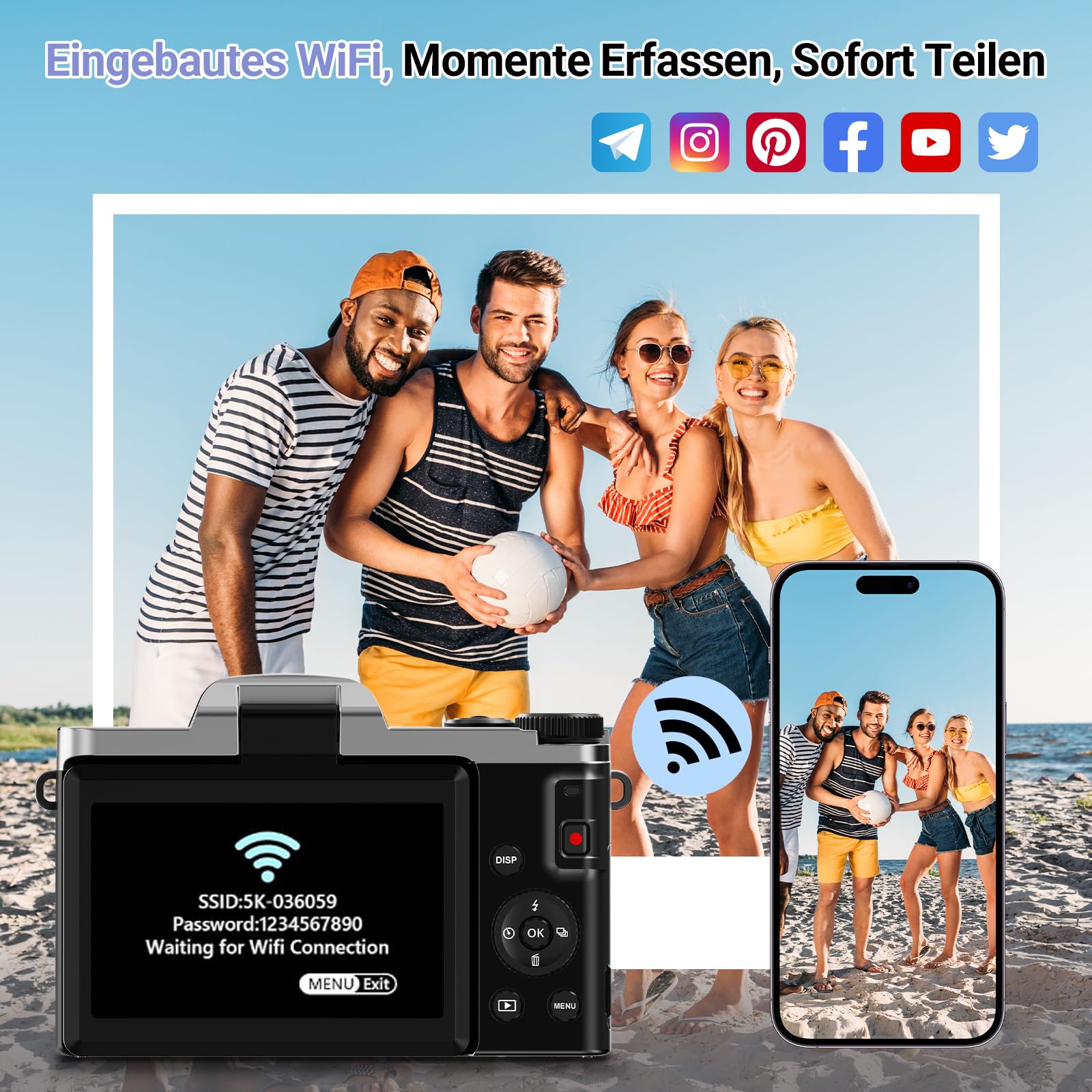 Digitalkamera mit WLAN 4K 64MP WiFi Fotokamera mit 3″ 180° Klappbildschirm, Autofokus,16X Digitalzoom, 2 Akkus & 32GB Karte Kompaktkamera für Vlogging & Fotografie
