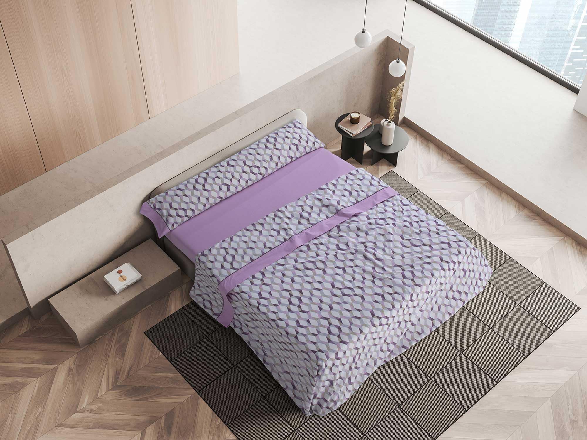 Mora - Juego de sábanas algodón Combinado + Fundas de Almohada - 3/4 Piezas - 144 Hilos - diseño Estampado Entretiempo - Modelo M84