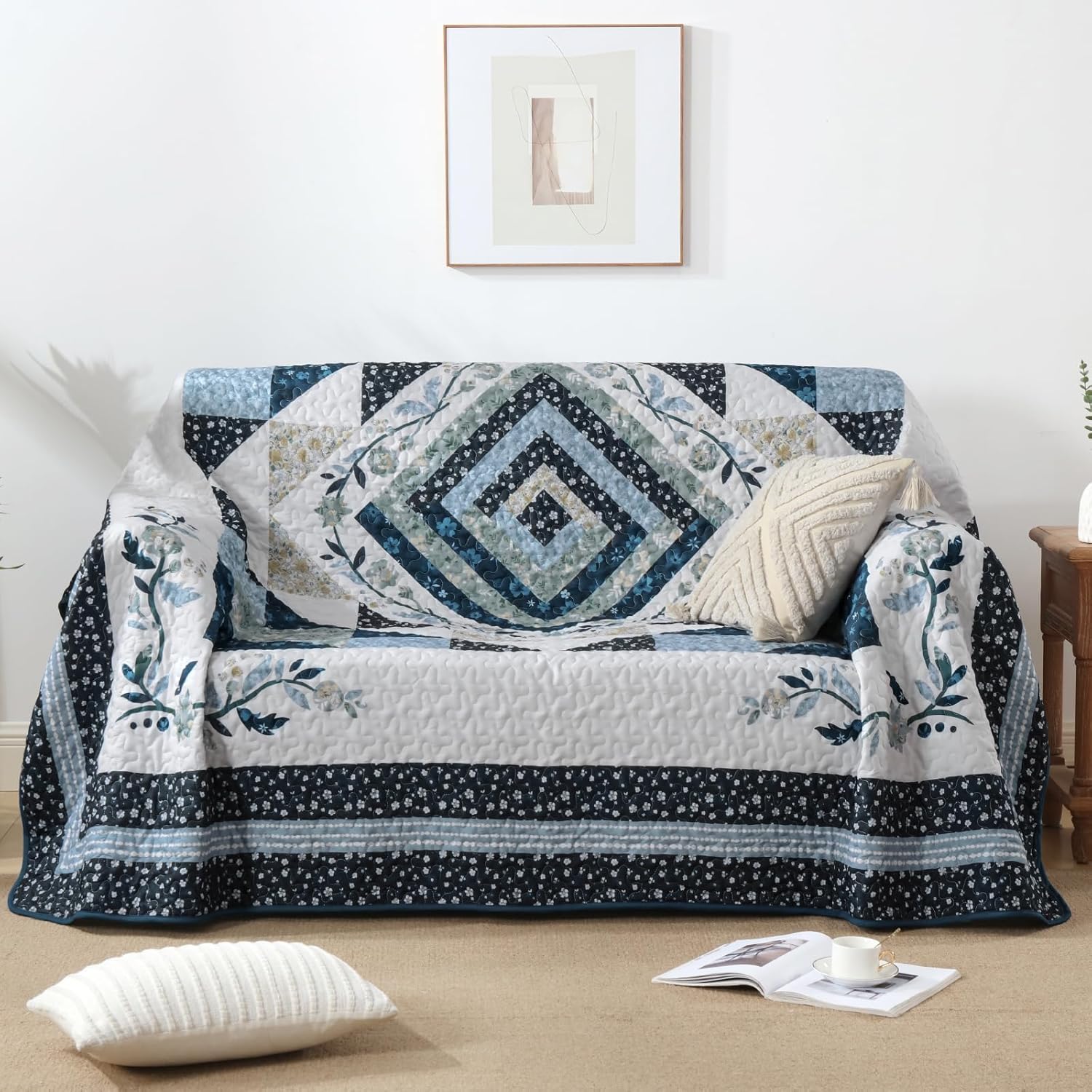 Dobuyly Quilts Queen Size,Patchwork Bedspreads Queen Size,Blue Floral Lightweight Coverlet Set for Queen Bed for All Season96 x90