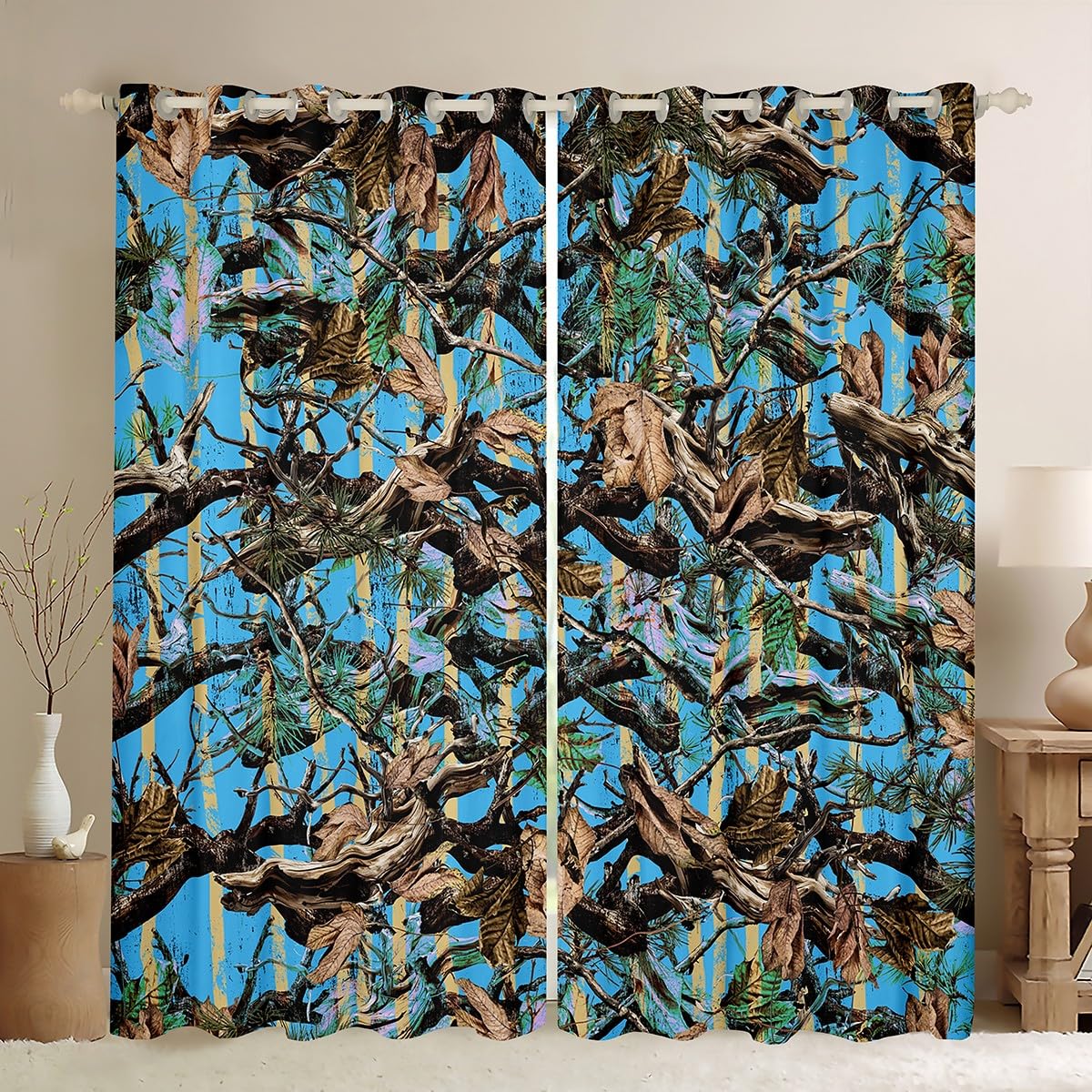 Tree Branches Curtains for Bedroom Living Room Wild Hunting Leaf Blackout Curtains (2 Panels, W52*L90) Botanical Tree 30%-50% Darkening Blackout Curtain Decor Nature Window Treatments Blue Brown โ image 1