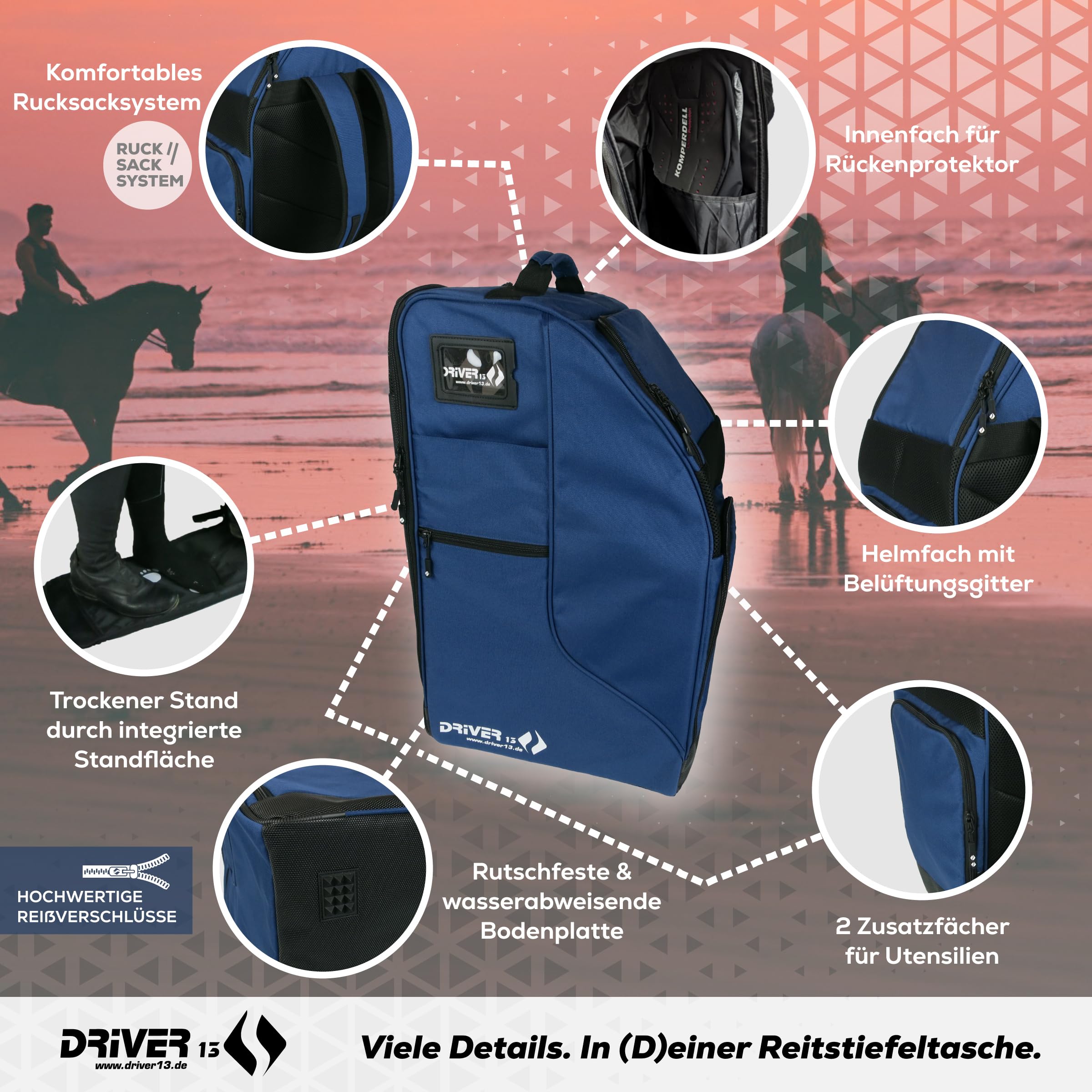 Driver13 Sac à dos d'équitation Deluxe avec compartiment pour casque, sac pour bottes d'équitation et sac pour bottes, pour bottes d'équitation et accessoires