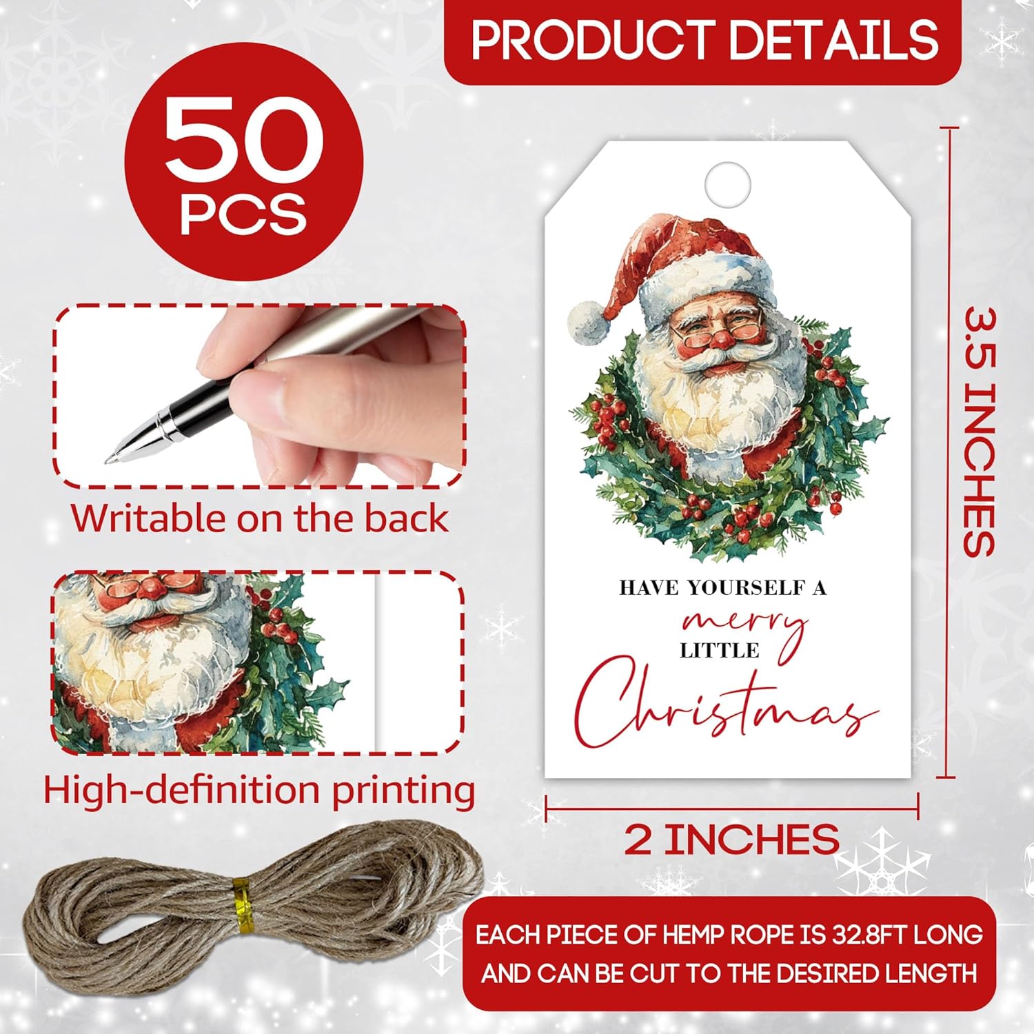 Christmas Santa Claus Paper Gift Tags with String, 2x3.5 Inches Holly Berries Print Xmas Gift Tags, Have Yourself A Merry Little Christmas, Holiday Wrapping Party Favor Decor Supplies-C03 - Image 2