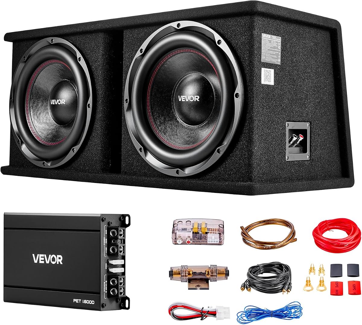 Dual 12" Enclosed Powered Subwoofer, 2400W Peak Massive Bass Output with Separate Amplifier, Complete Car Audio Subwoofer and Amp Package for Trucks SUVs